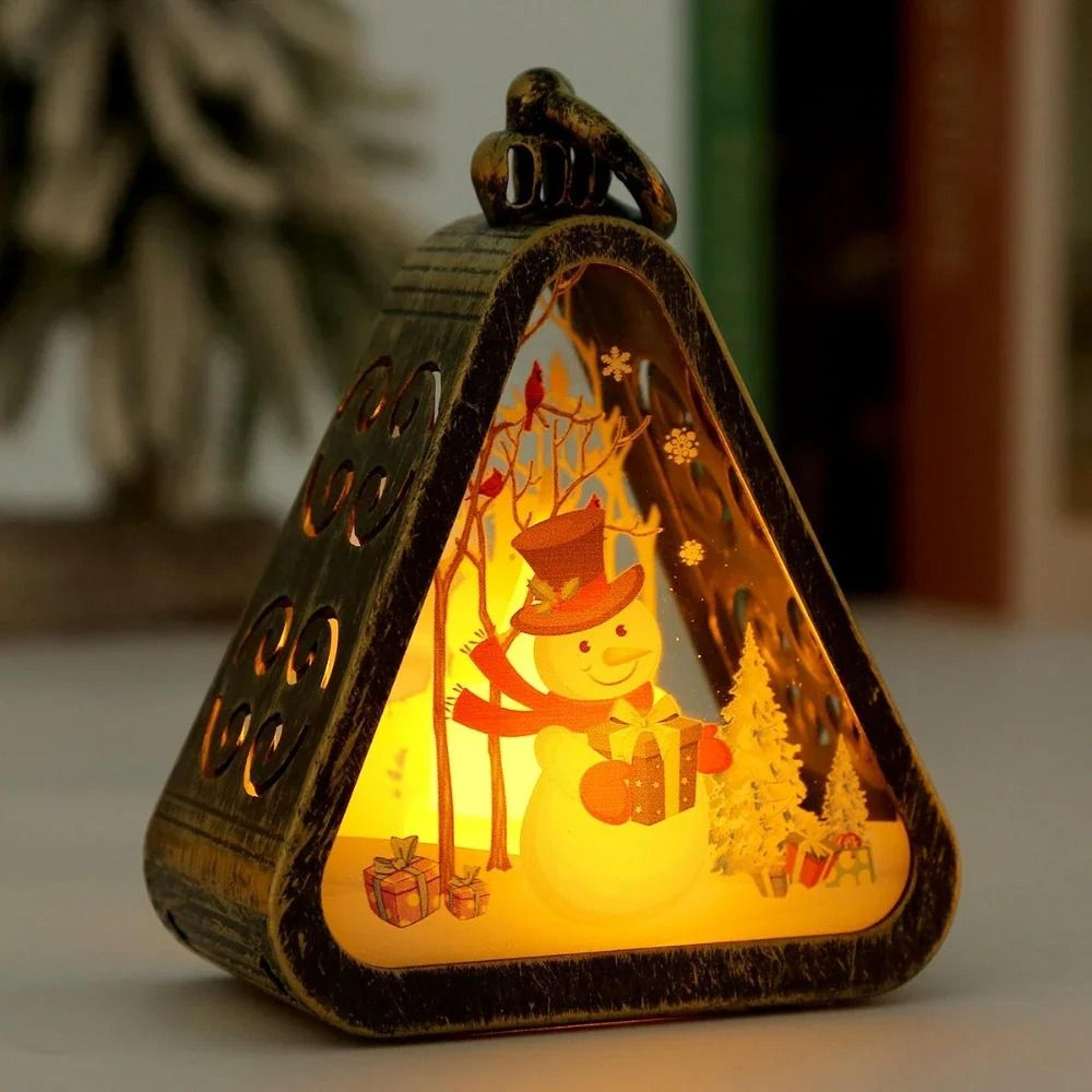 Mini Christmas LED Triangle Lantern  Festive Santa  Snowman Table Ornament  Party Scene Prop 11