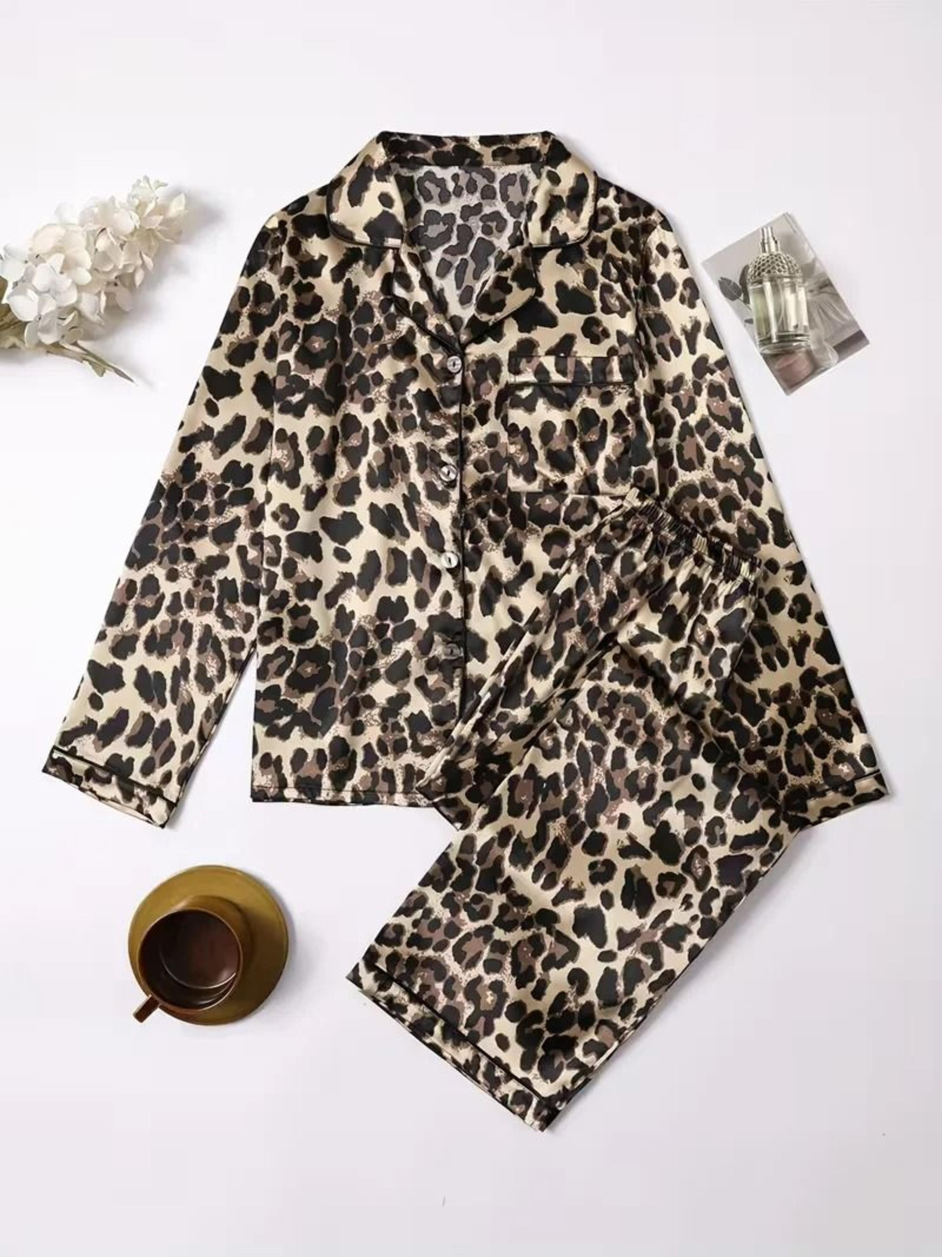 Leopard Print Satin Pajama Set  Loose Long Sleeve Winter Sleepwear 5