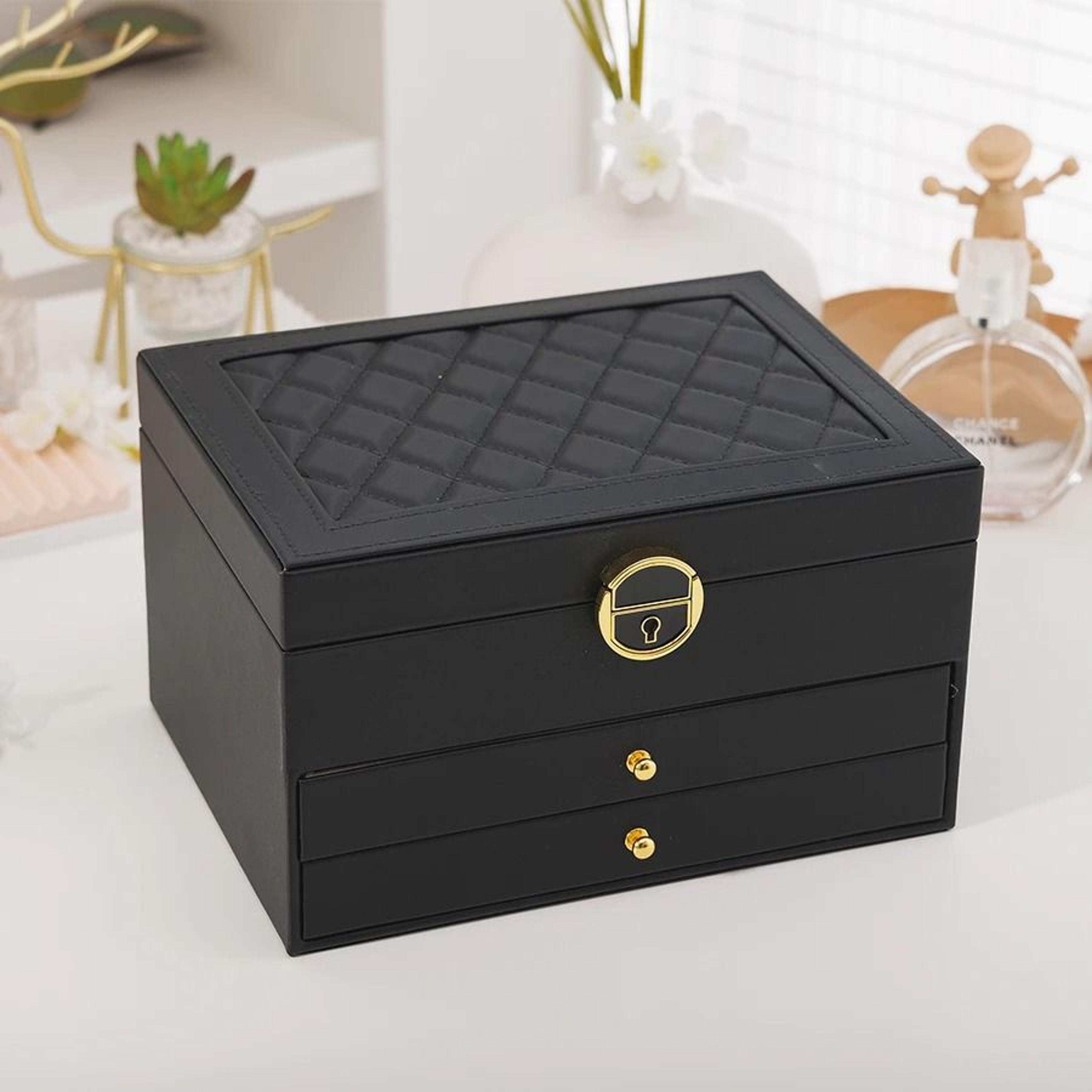 Rhomboid Round Lock ThreeLayer Jewelry Box  Premium Leather Storage 7