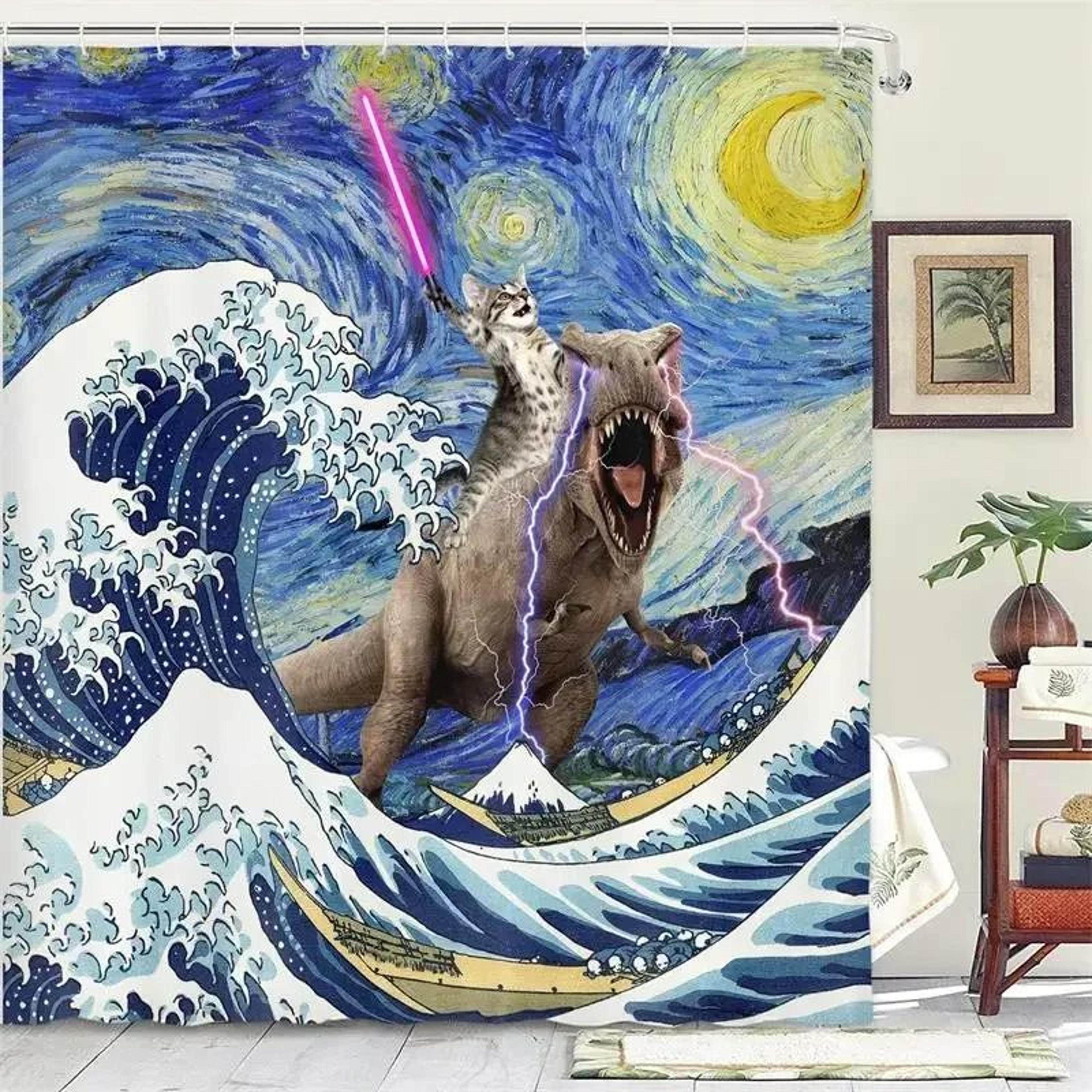 Creative Kids Cat Riding Dinosaur Shower Curtain 7