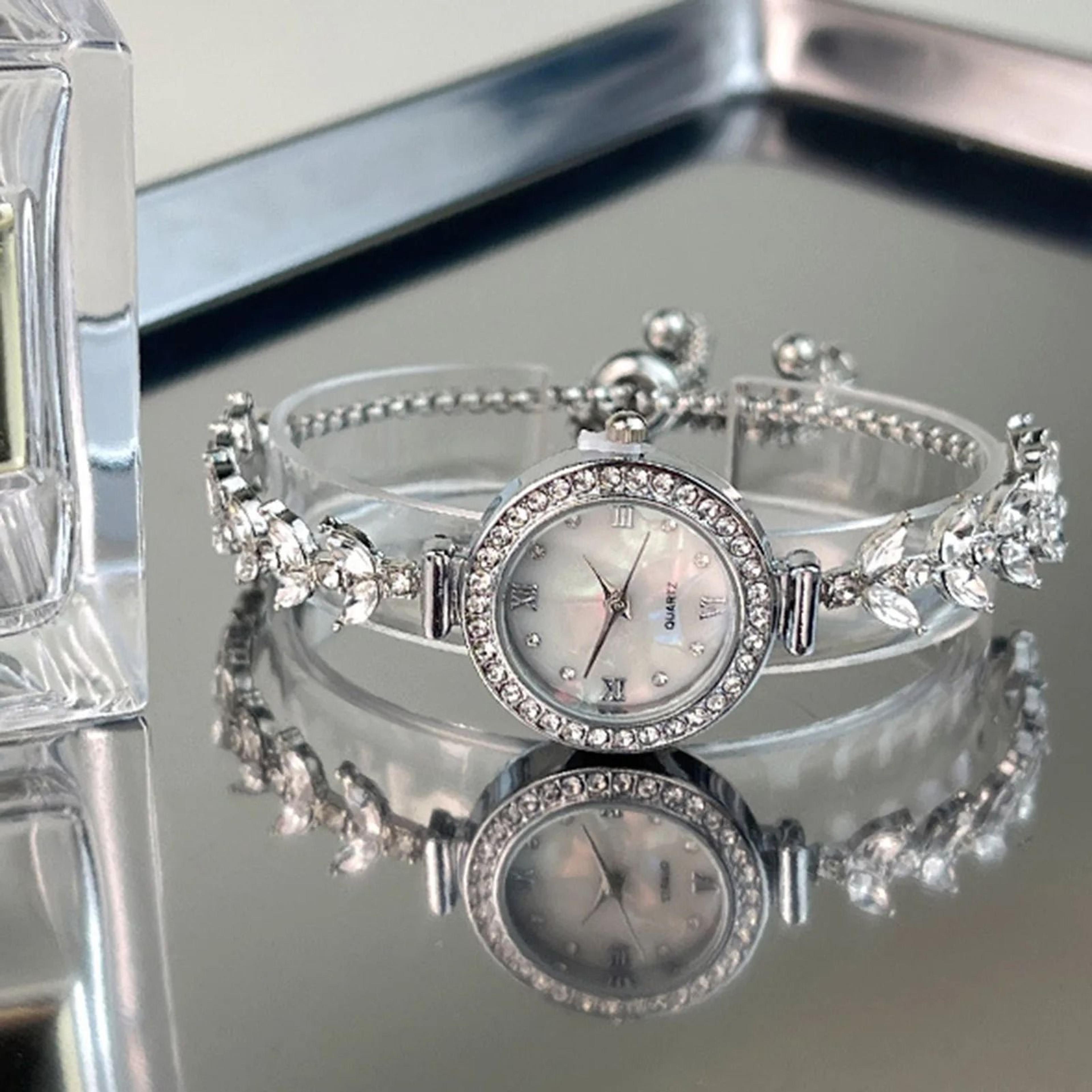 crystal diamond wedding wristwatch – elegant quartz bracelet watch with adjustable fit for brides and banquets