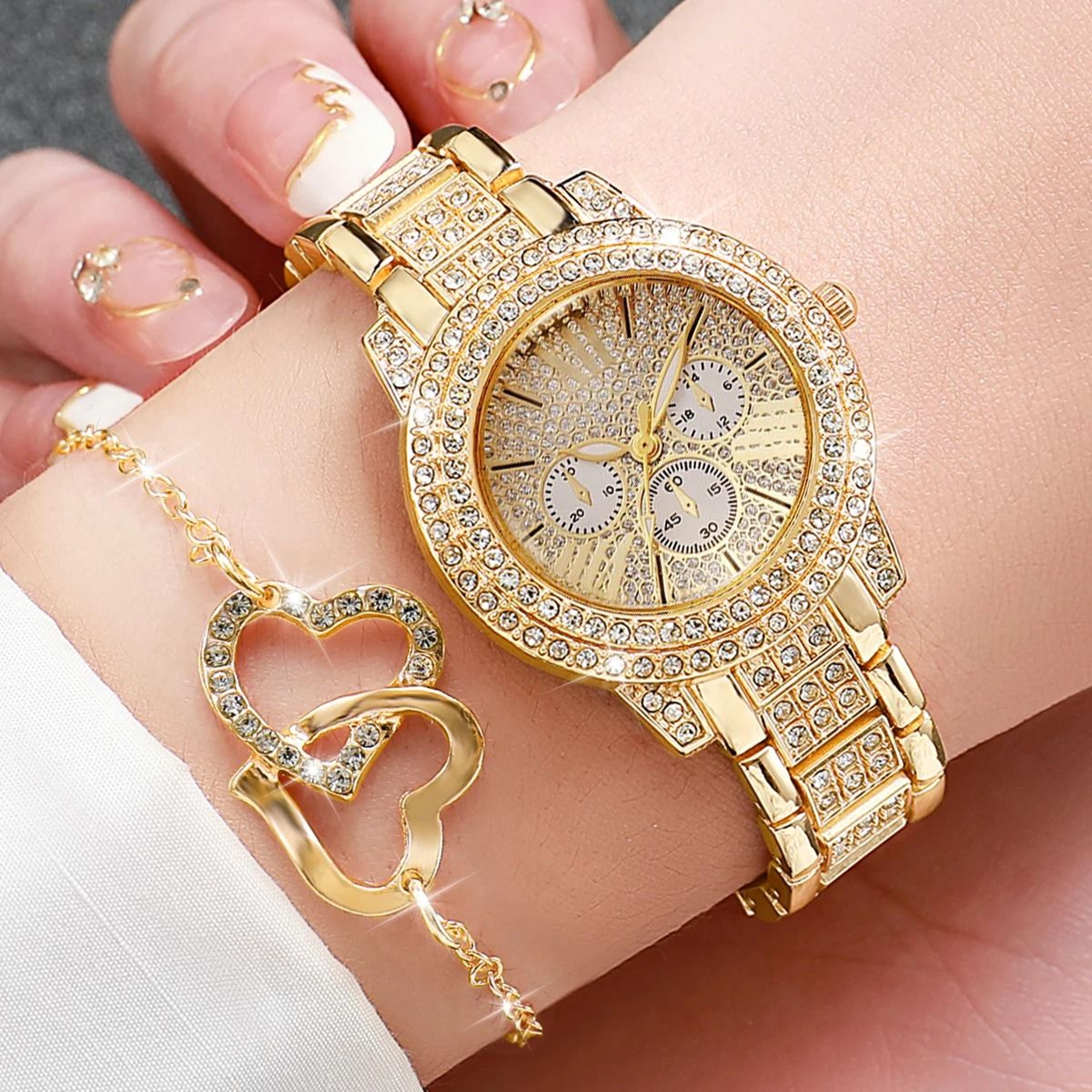 Luxury 6Piece Full Diamond Watch  Heart Jewelry Set  Elegant ThreeEye Dial Timepiece And Matching A