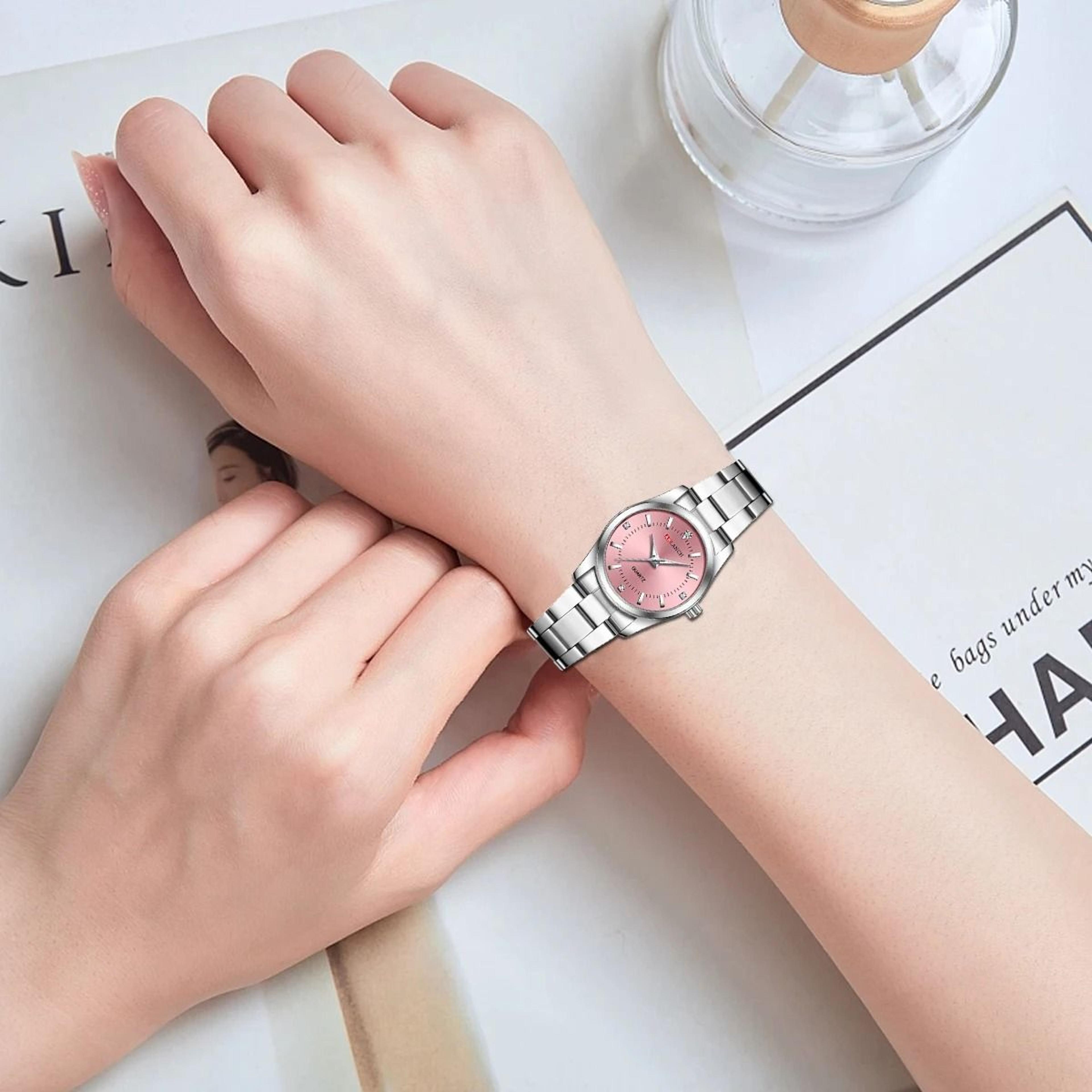 Rhinestone Minimalist Watch  Fashionable Stainless Steel Pink Dial Timepiece For Outdoor And Travel 2
