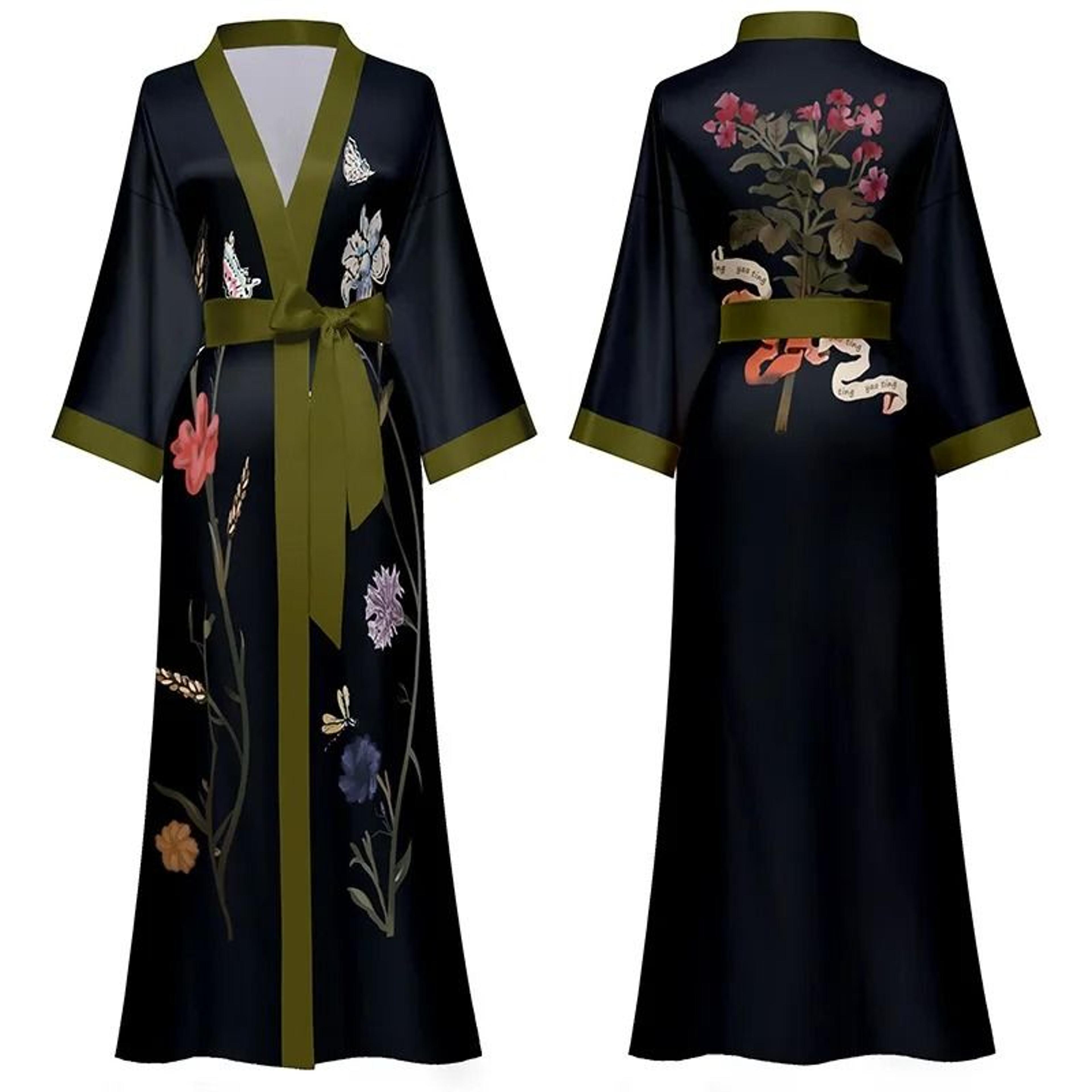floral print long kimono robe & nightgown set