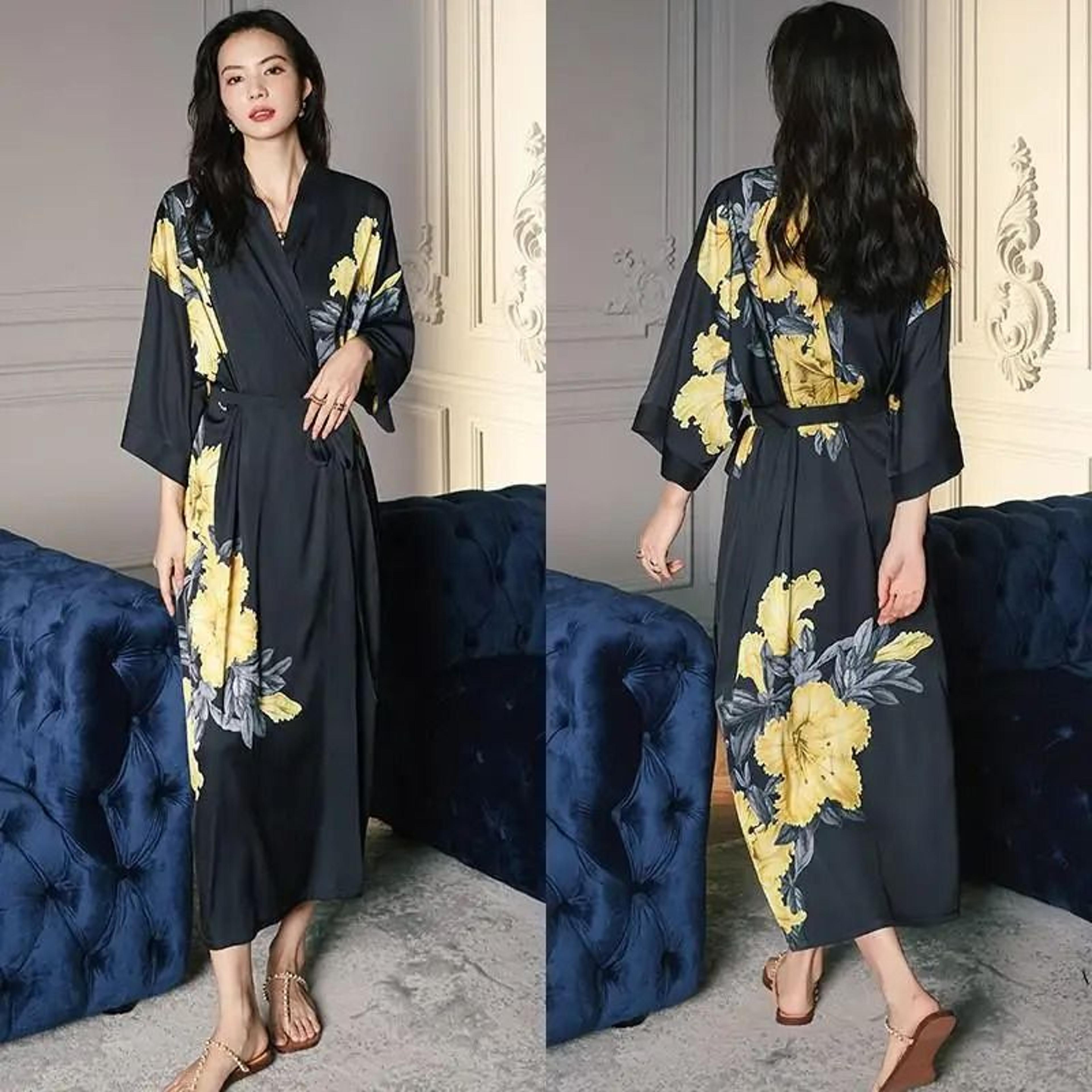 Floral Print Long Kimono Robe  Nightgown Set 11