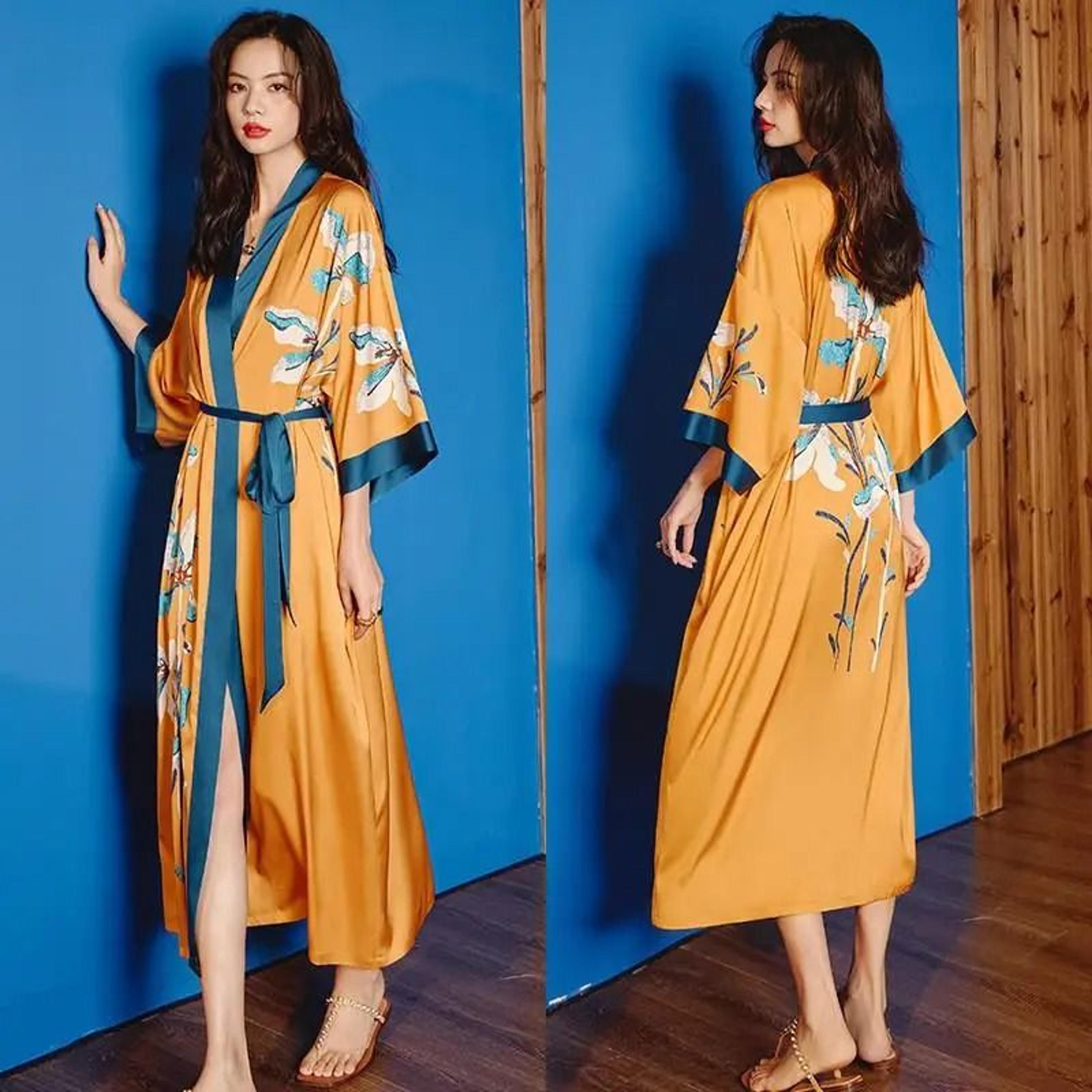 Floral Print Long Kimono Robe  Nightgown Set 15