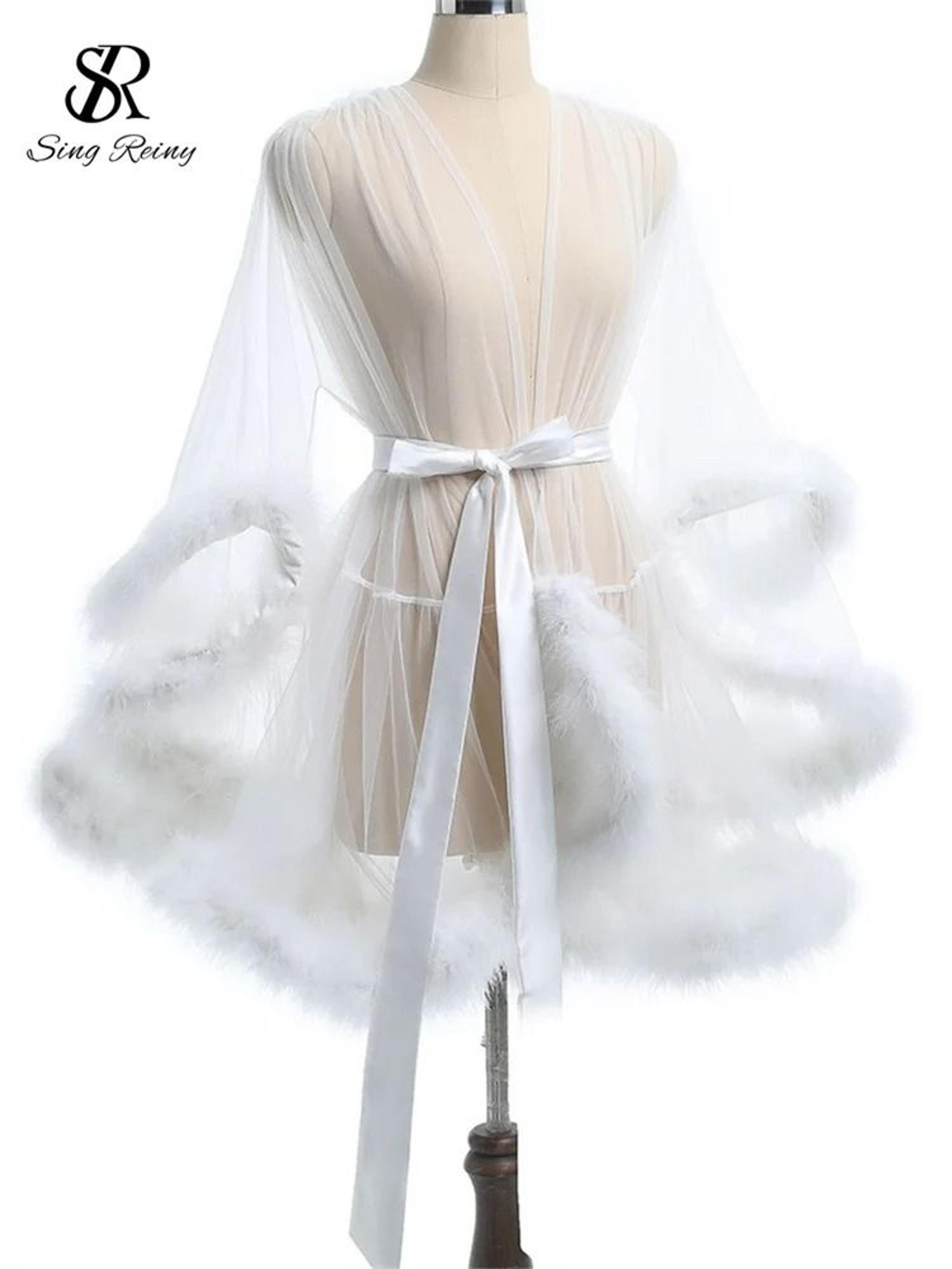 Sheer Erotic Mesh Robe  Elegant PlushTrimmed Nightgown 9