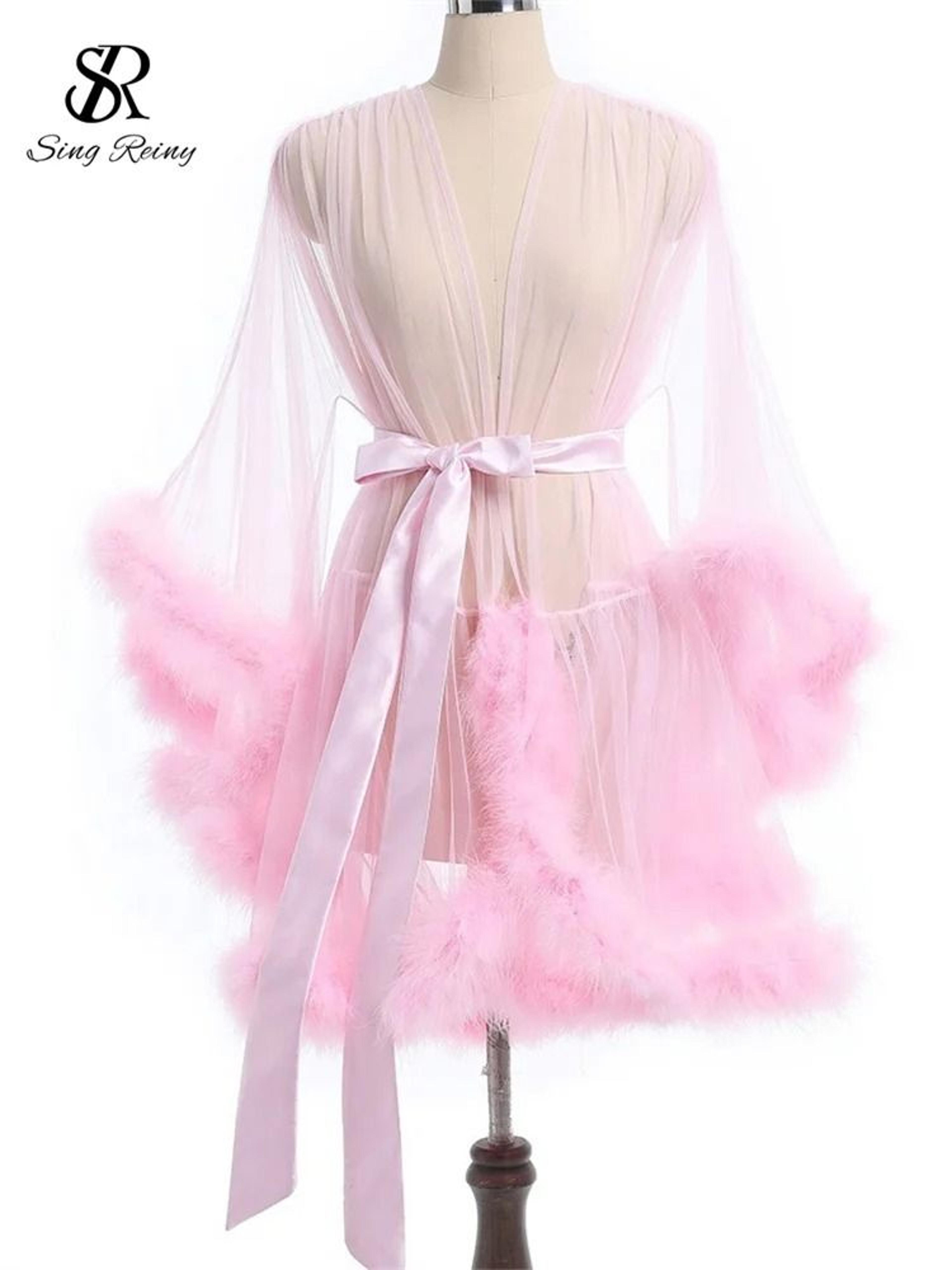 Sheer Erotic Mesh Robe  Elegant PlushTrimmed Nightgown 10