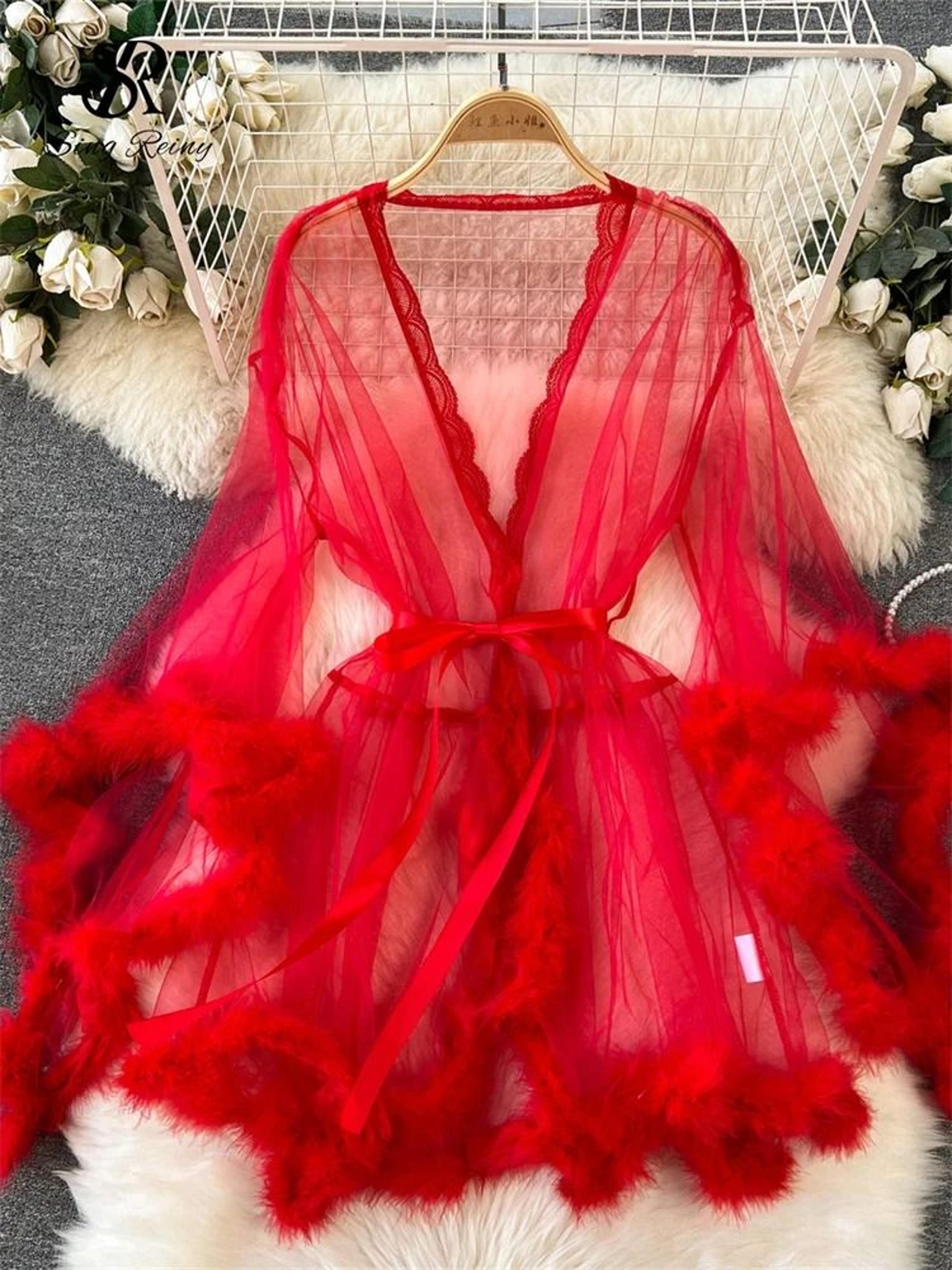 Sheer Erotic Mesh Robe  Elegant PlushTrimmed Nightgown 7