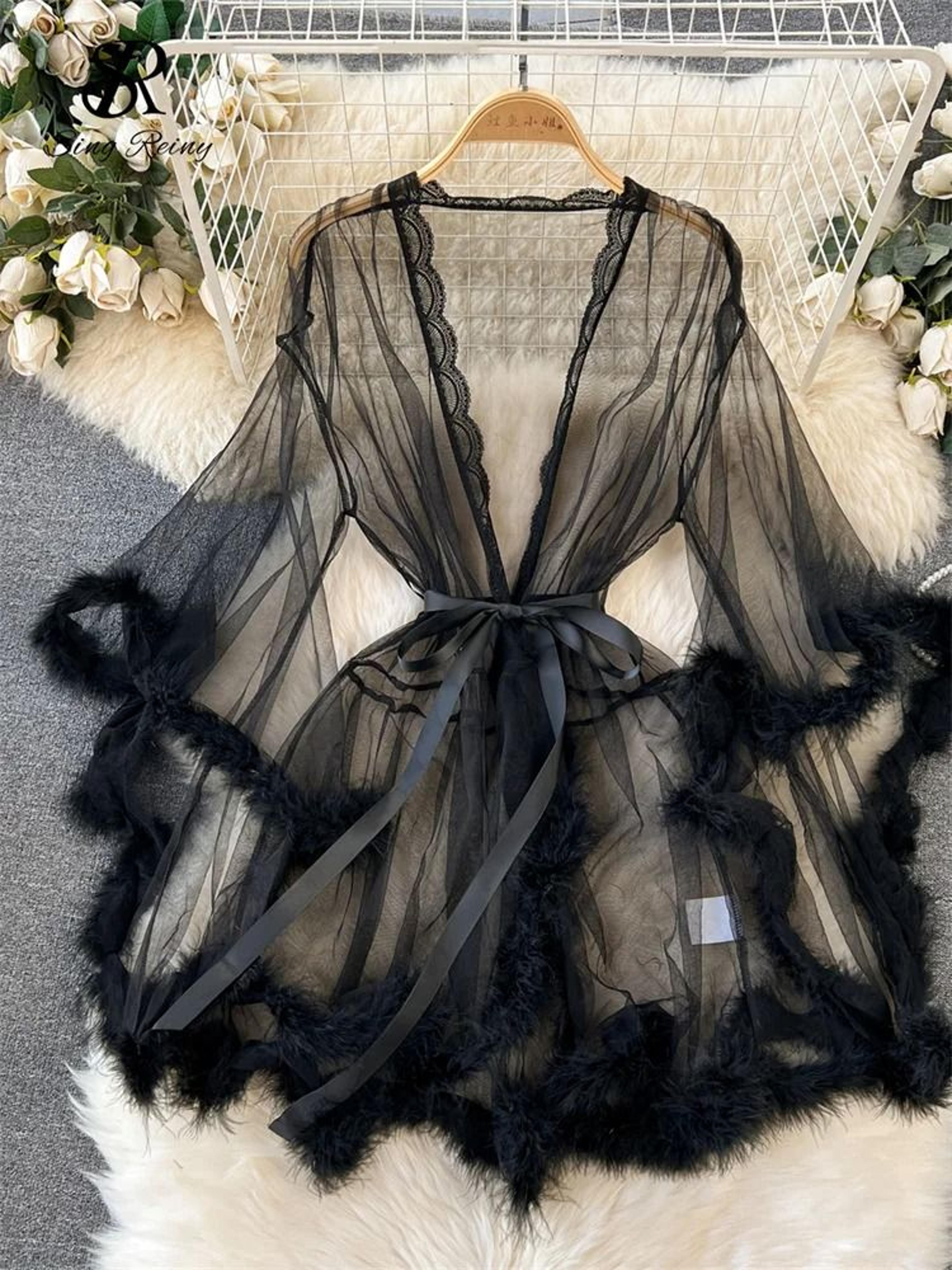 Sheer Erotic Mesh Robe  Elegant PlushTrimmed Nightgown 8