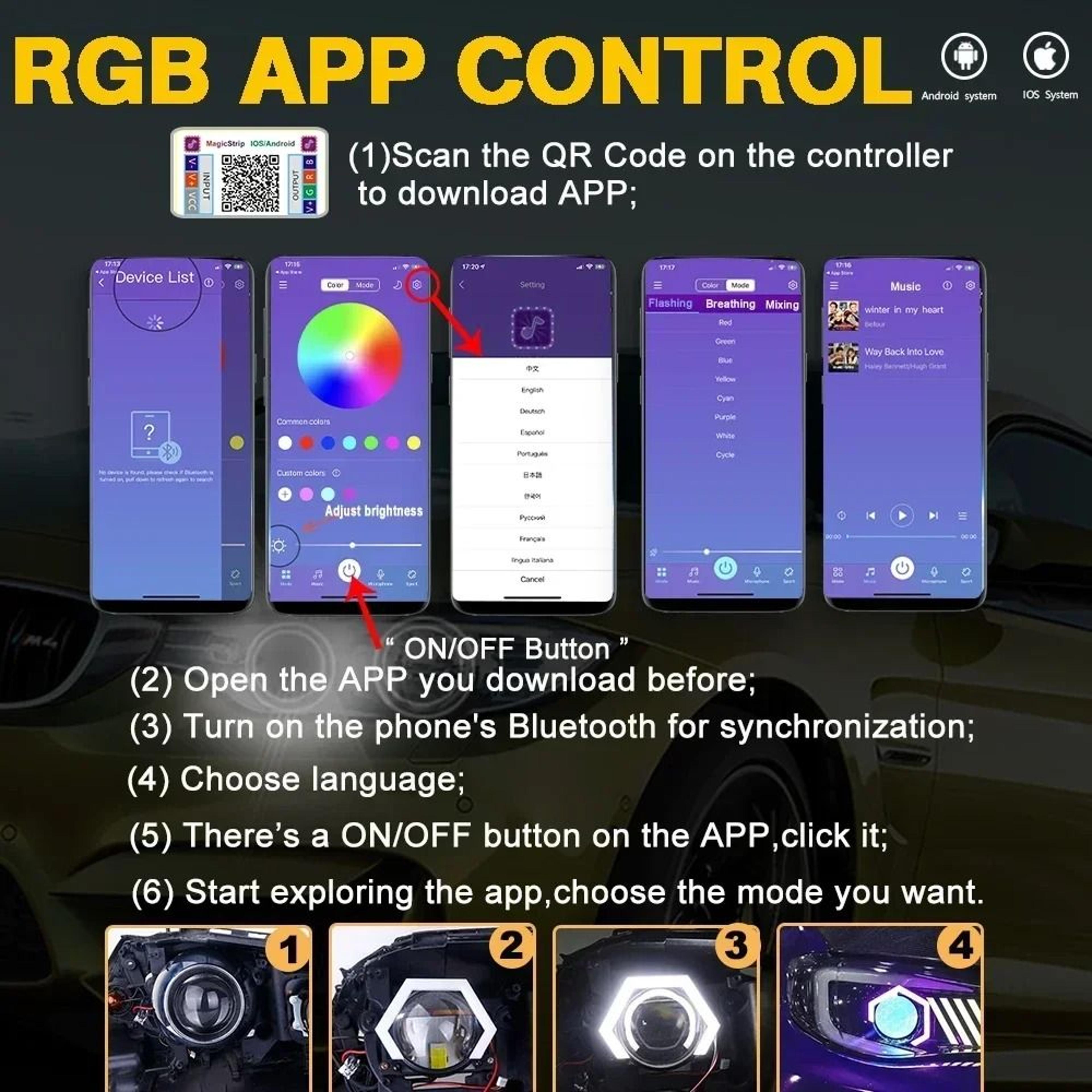 Hexagon RGB LED Angel Eyes  Bluetooth AppControlled Halo Rings 4