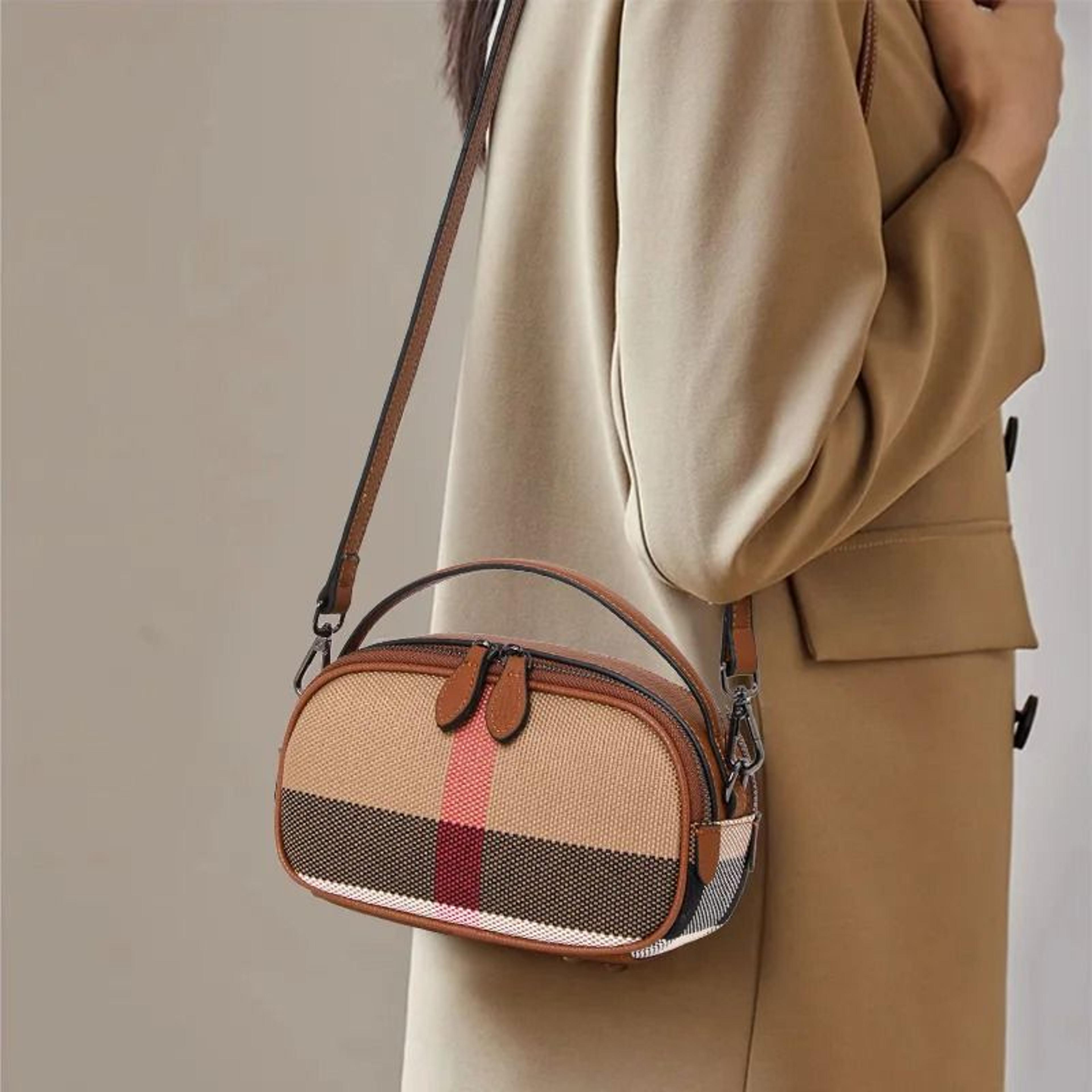 Canvas  Cowhide Checkered Round Crossbody Bag 0