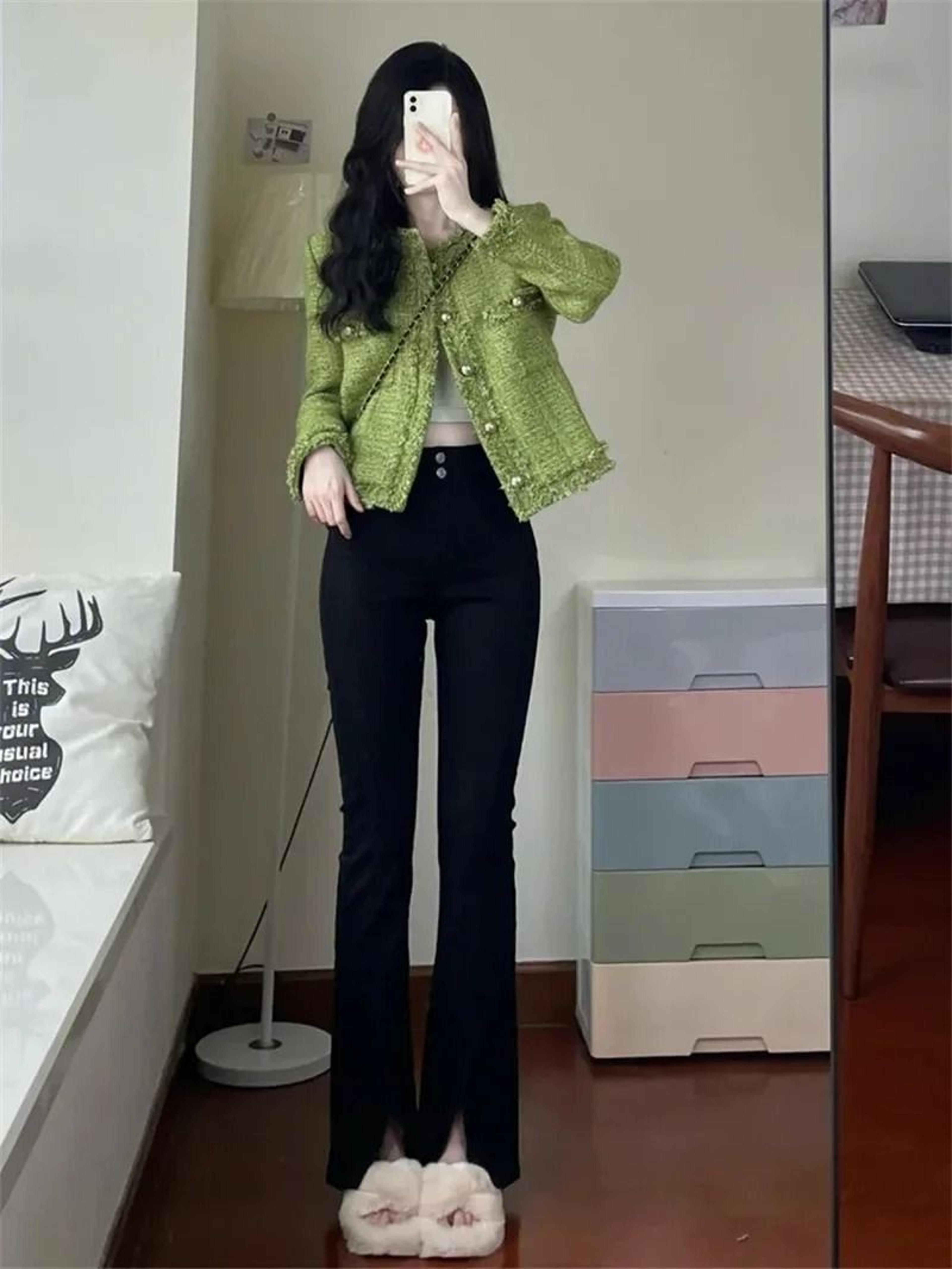 Korean Vintage Green Short Tweed Coat 4