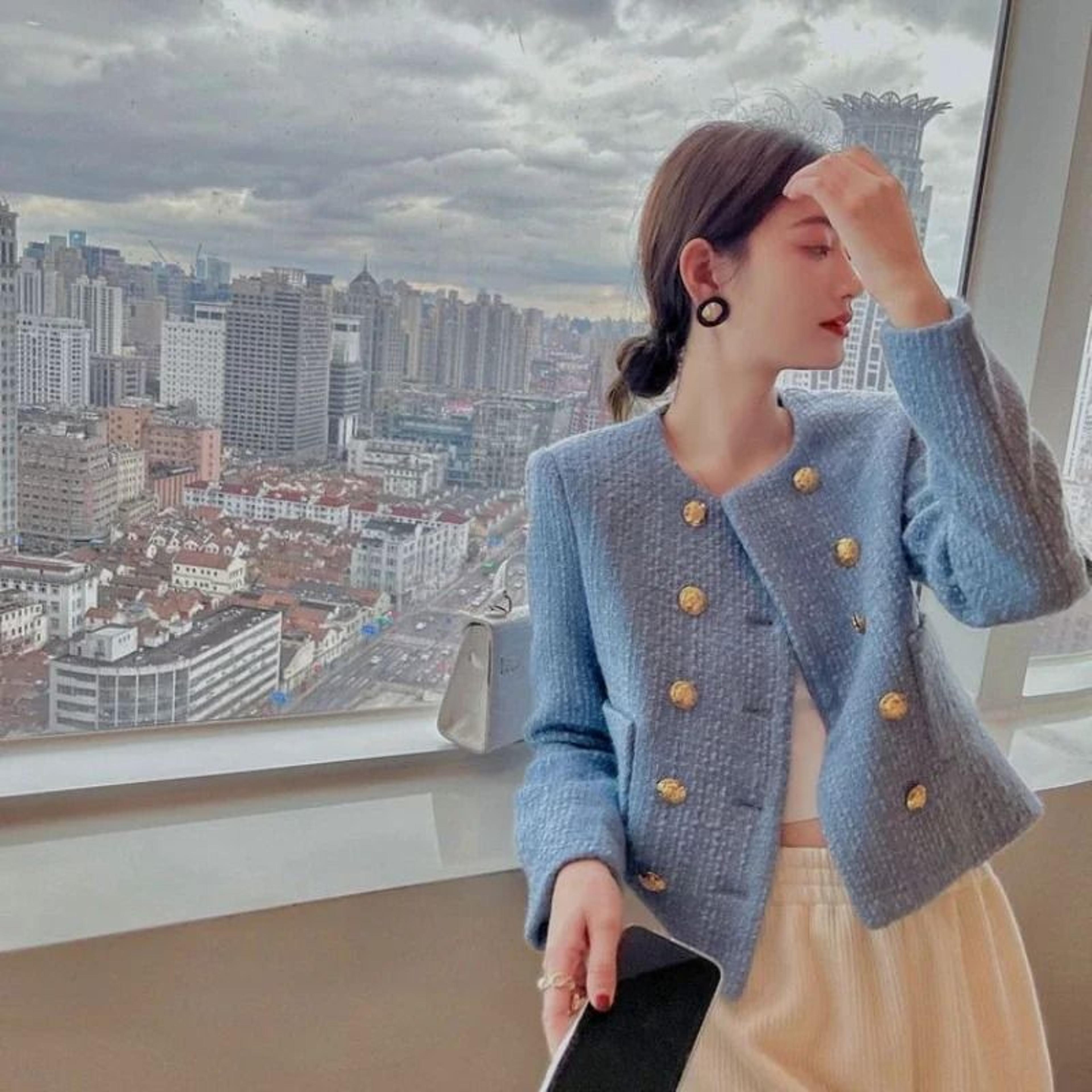 Womens Blue Tweed Wool Blend Short Jacket 2