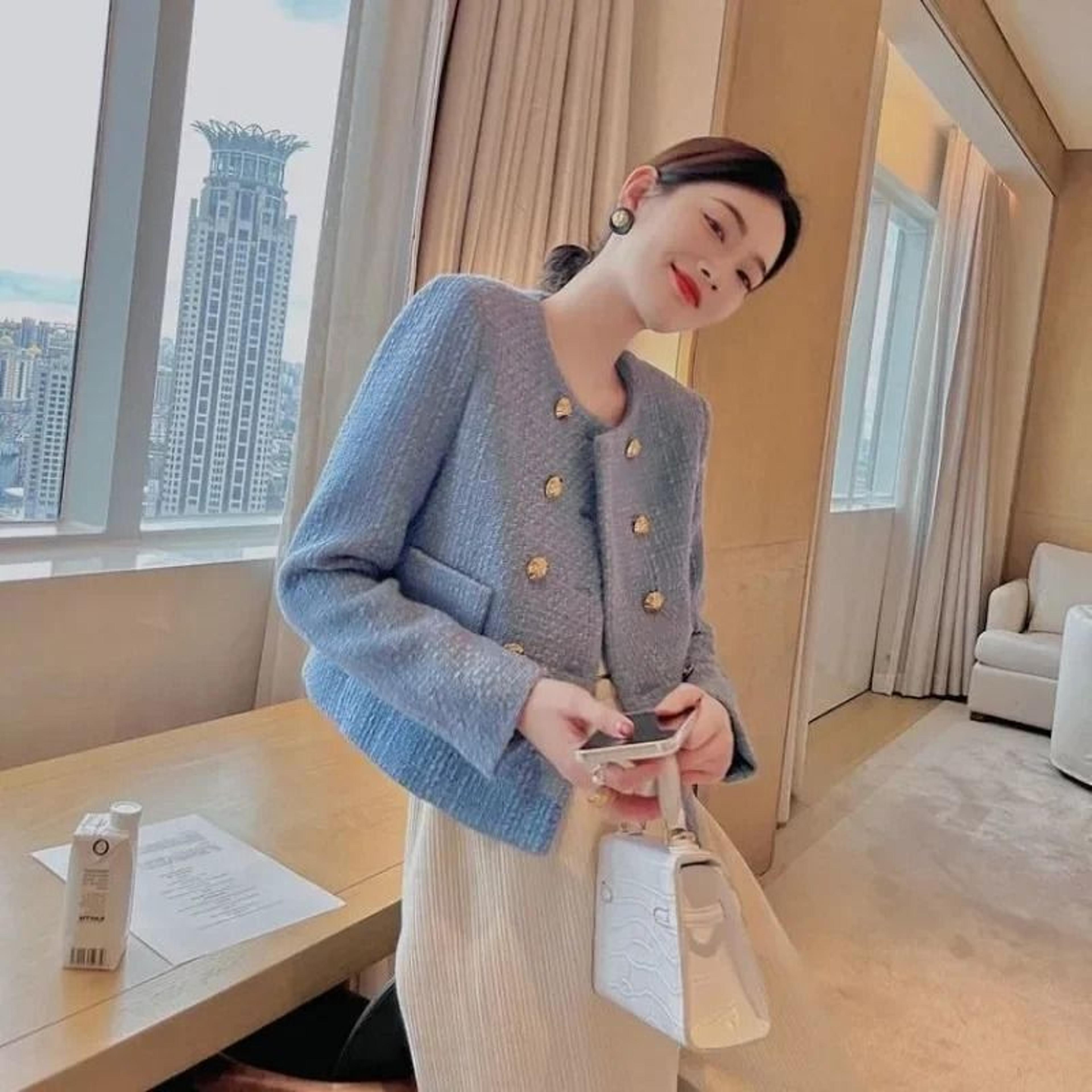 Womens Blue Tweed Wool Blend Short Jacket 4