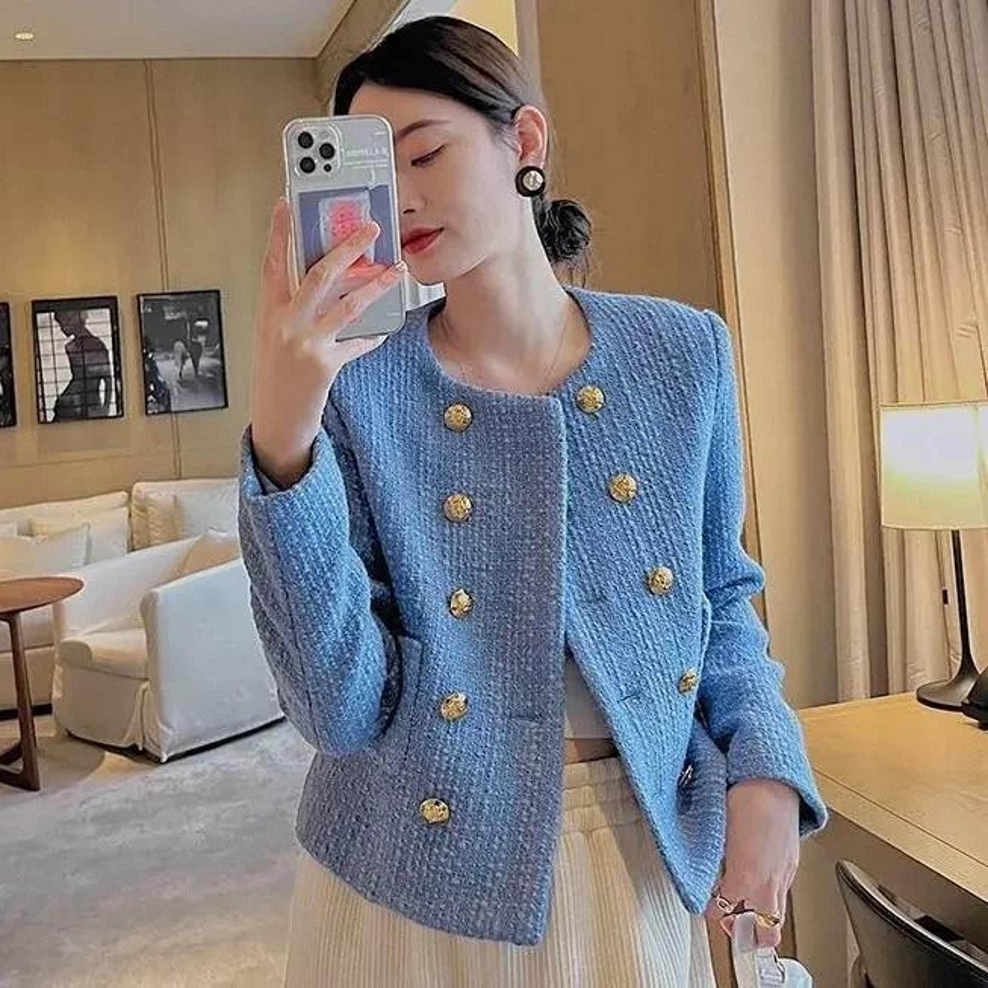 Womens Blue Tweed Wool Blend Short Jacket 7