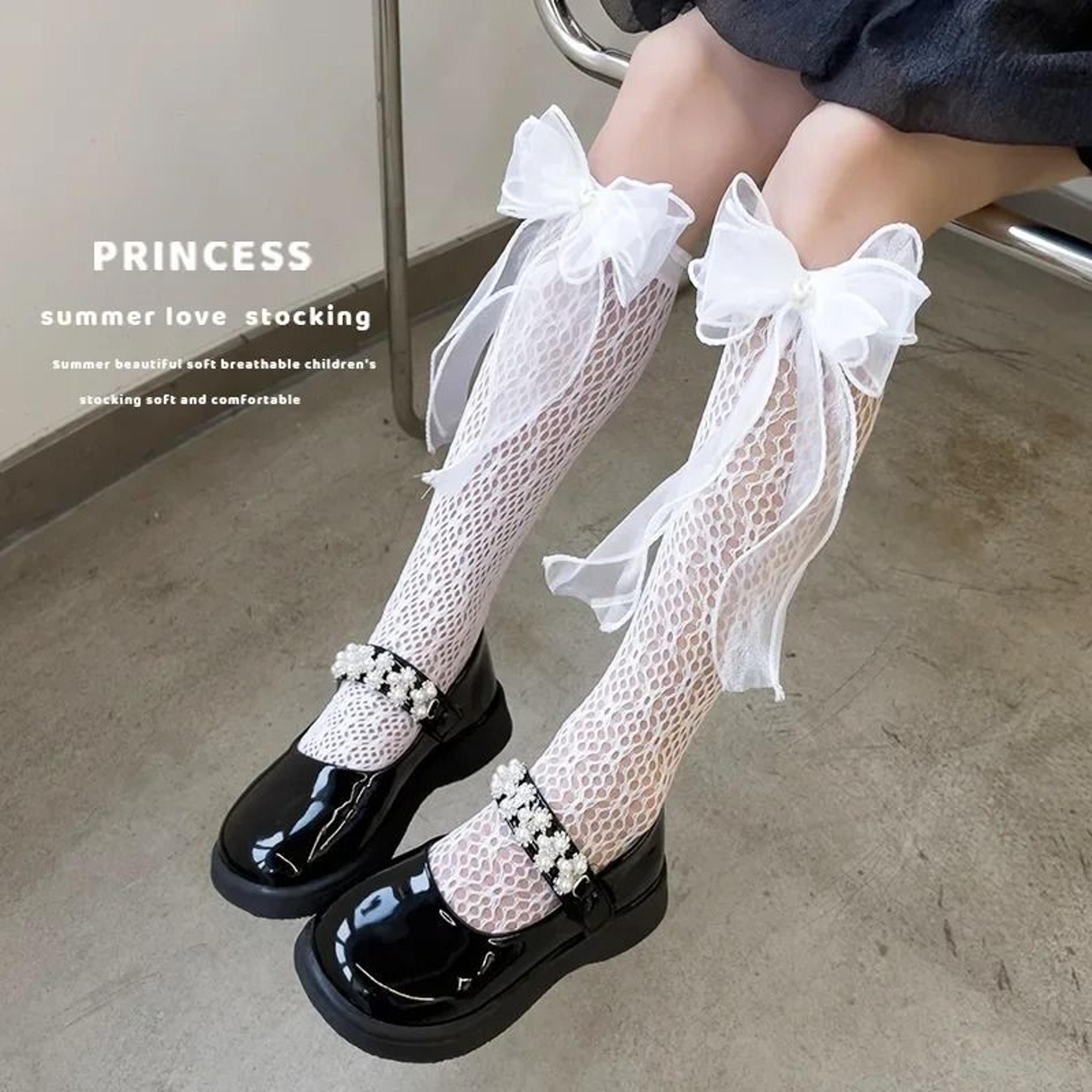 four-season girls' bow mesh high-tube socks