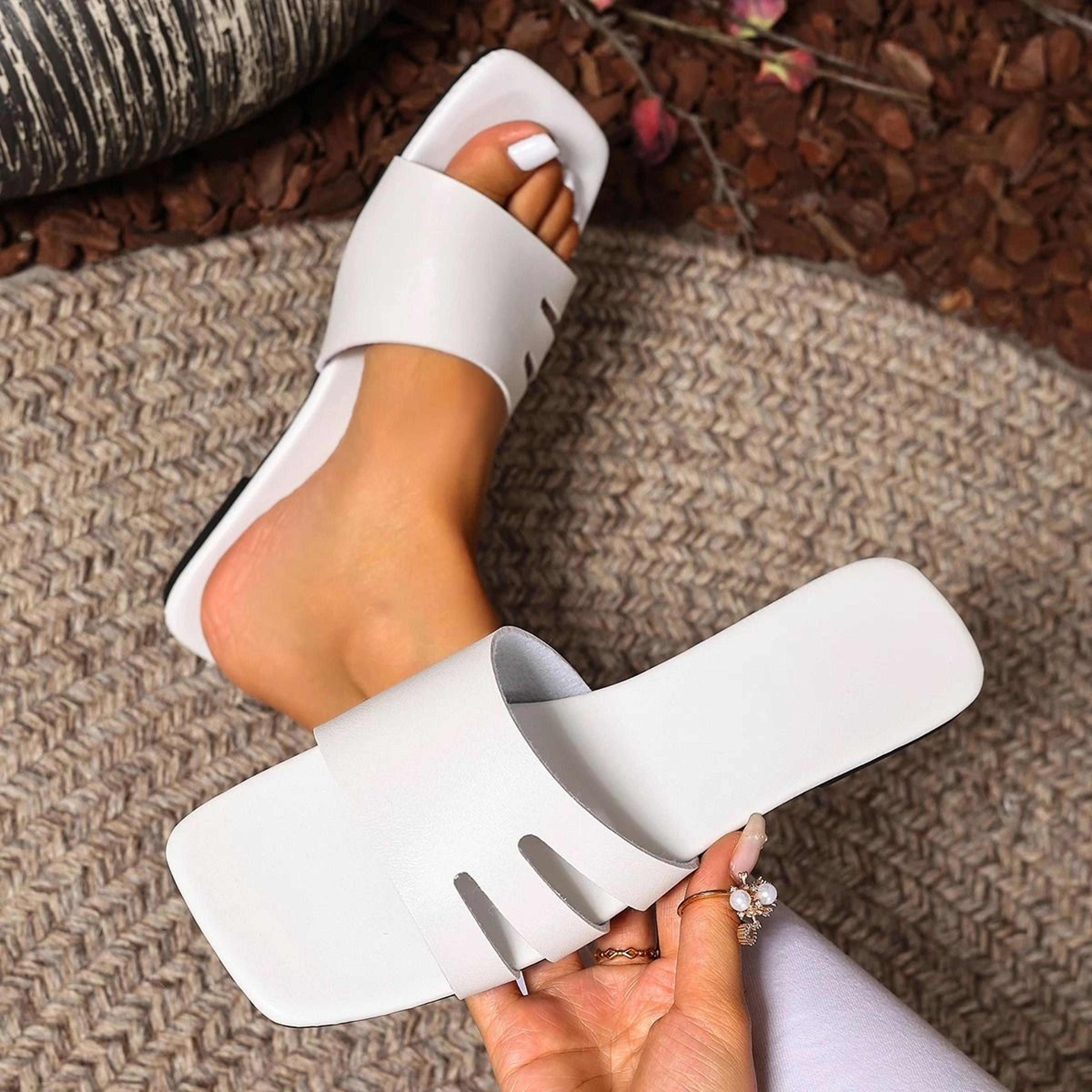 Modern SquareToe Slide Sandals  Lightweight Solid Color Summer Flats 6