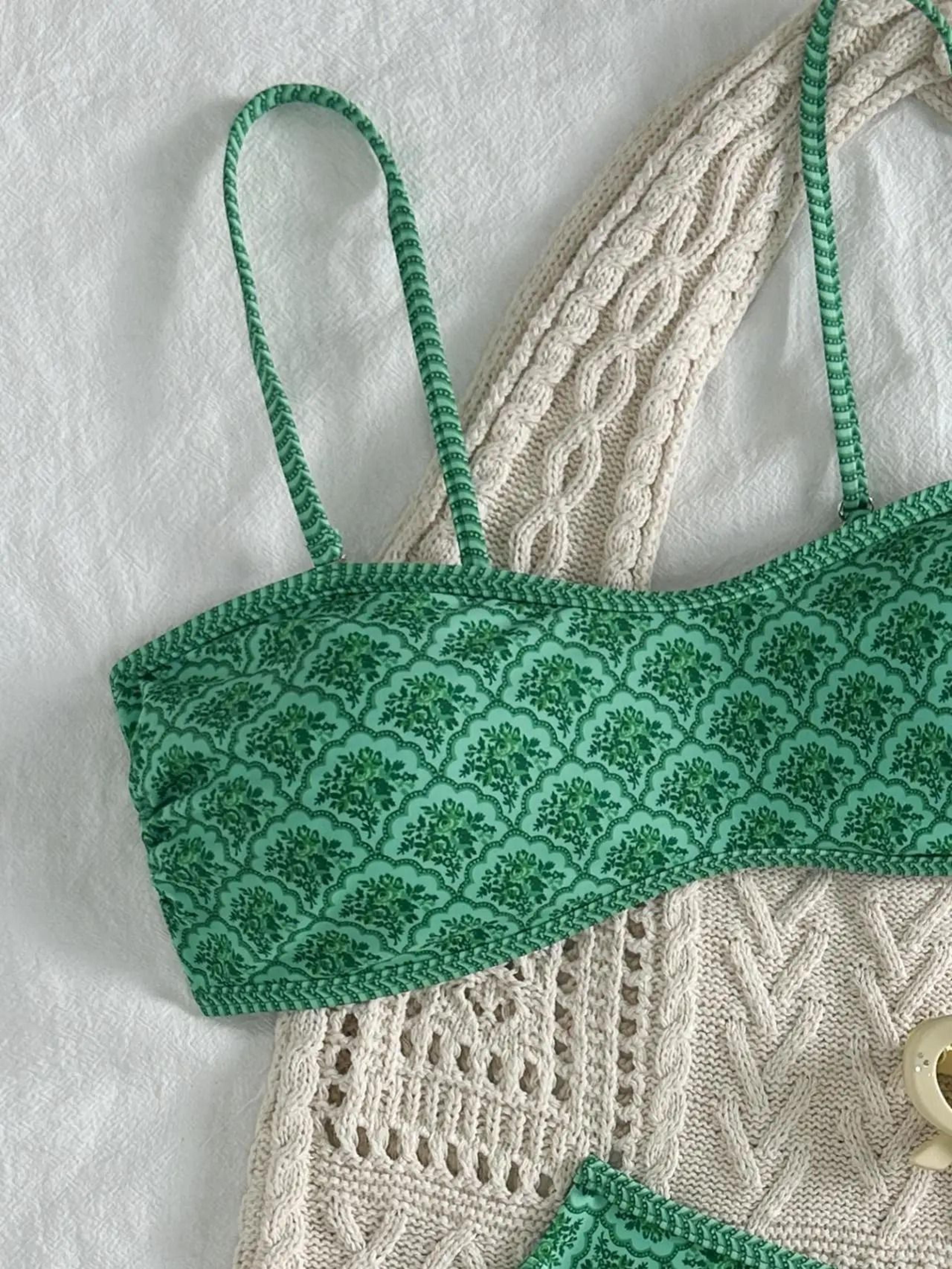 Green Floral Pleated Bandeau Bikini  PushUp Padded Thong Swimwear 2