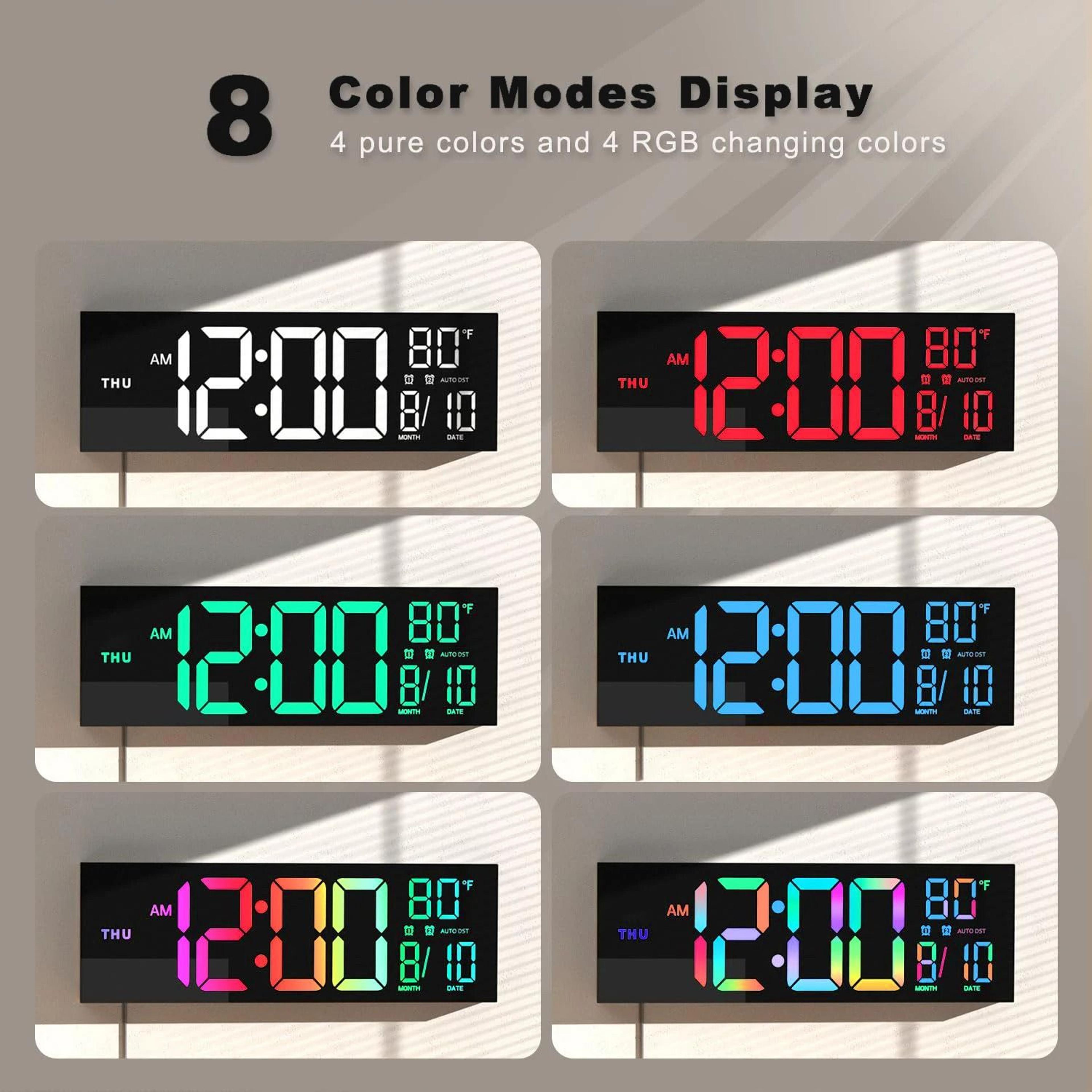 Large Digital LED Wall Clock  8Color RGB Display With Remote Temperature  DST For Home  Kitchen 2