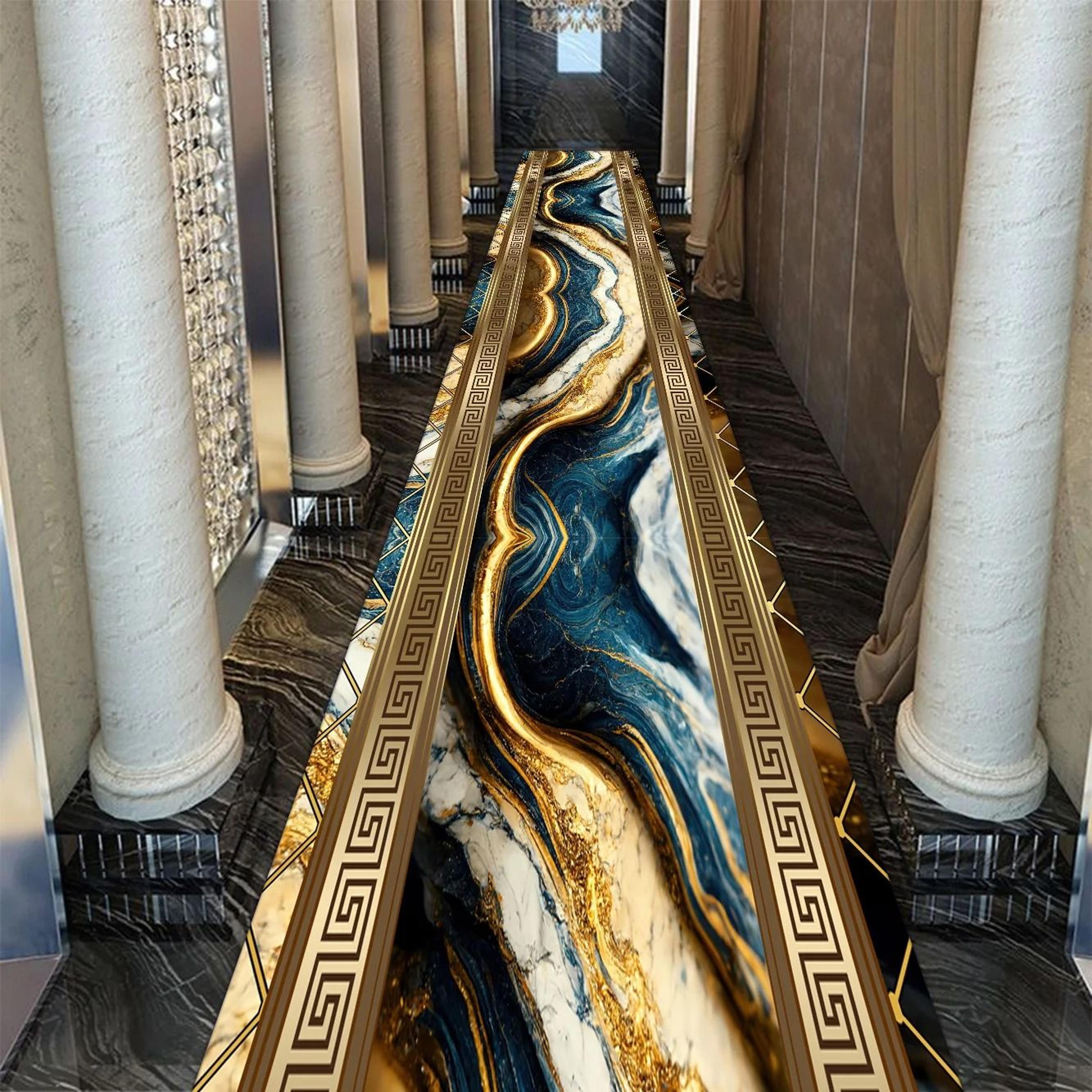 Golden Abstract Marble Corridor Runner  Luxury NonSlip Passageway Carpet  Custom Stairway Rug 3