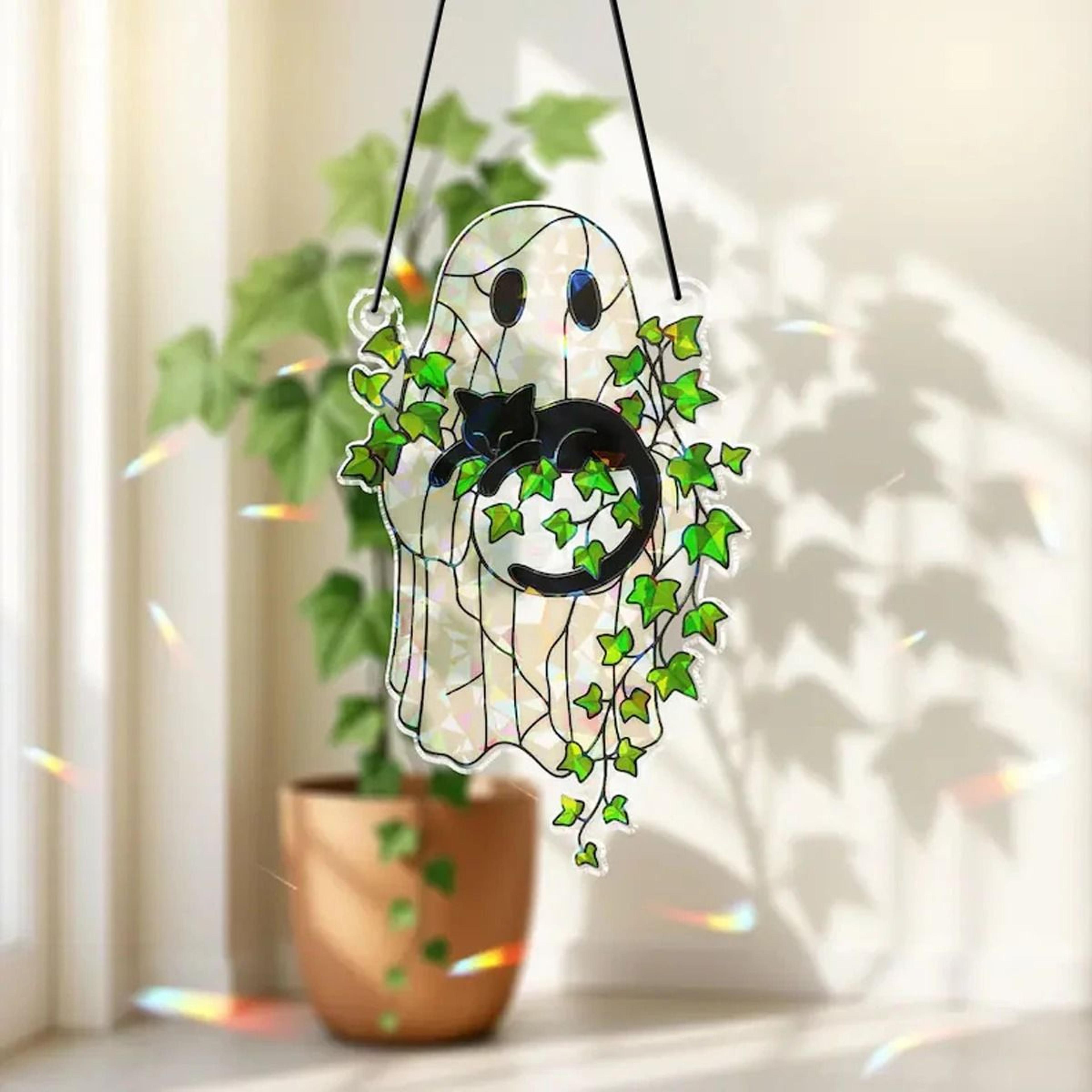 Cute Halloween Ghost Suncatcher  Acrylic Ghost Black Cat  Green Leaf Window Hanging Decor For Home  1
