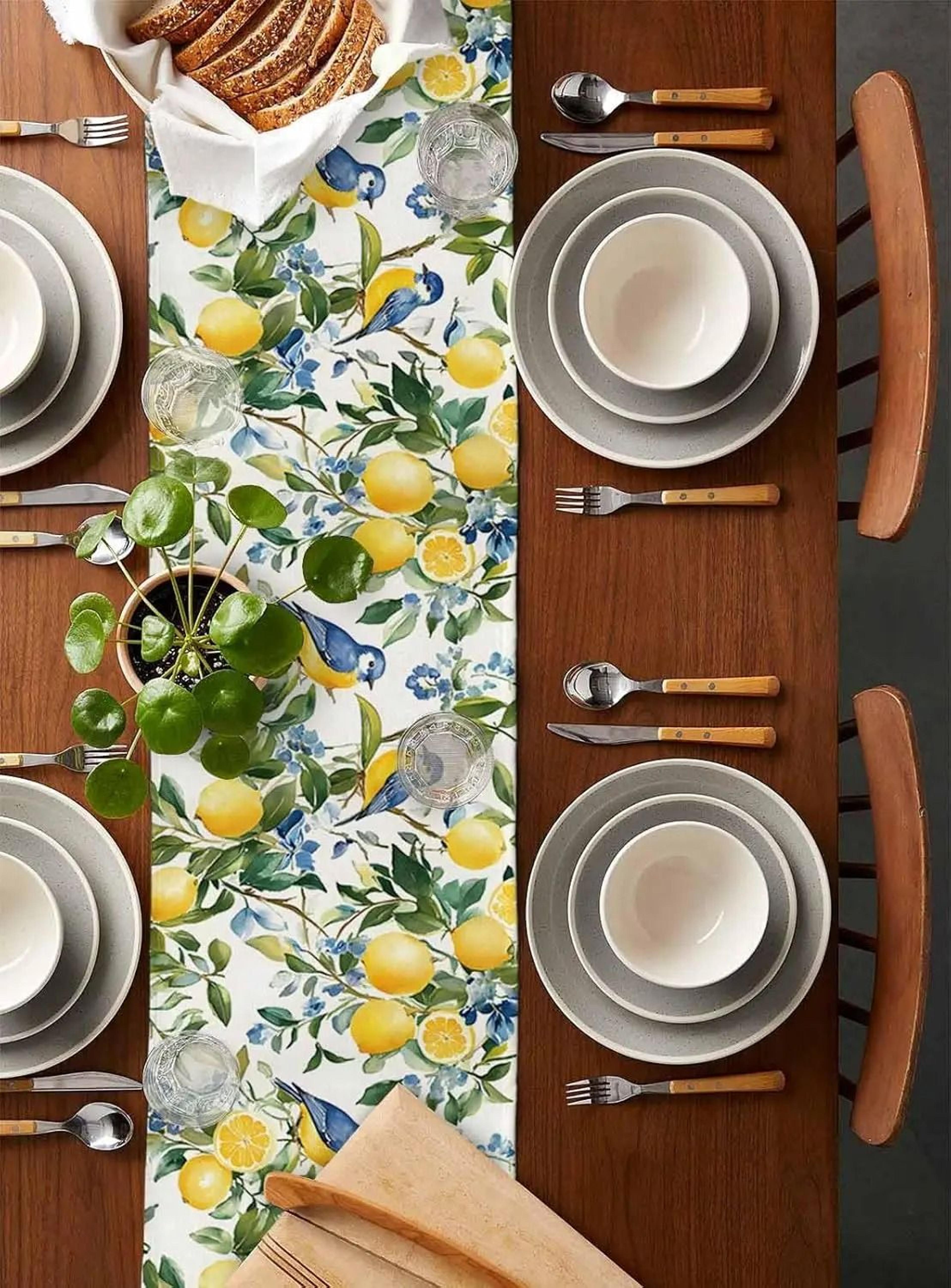 Lemon Tree  Blue Birds Linen Table Runner  Vintage Watercolor Floral Decor For Holiday Parties  Dre 2