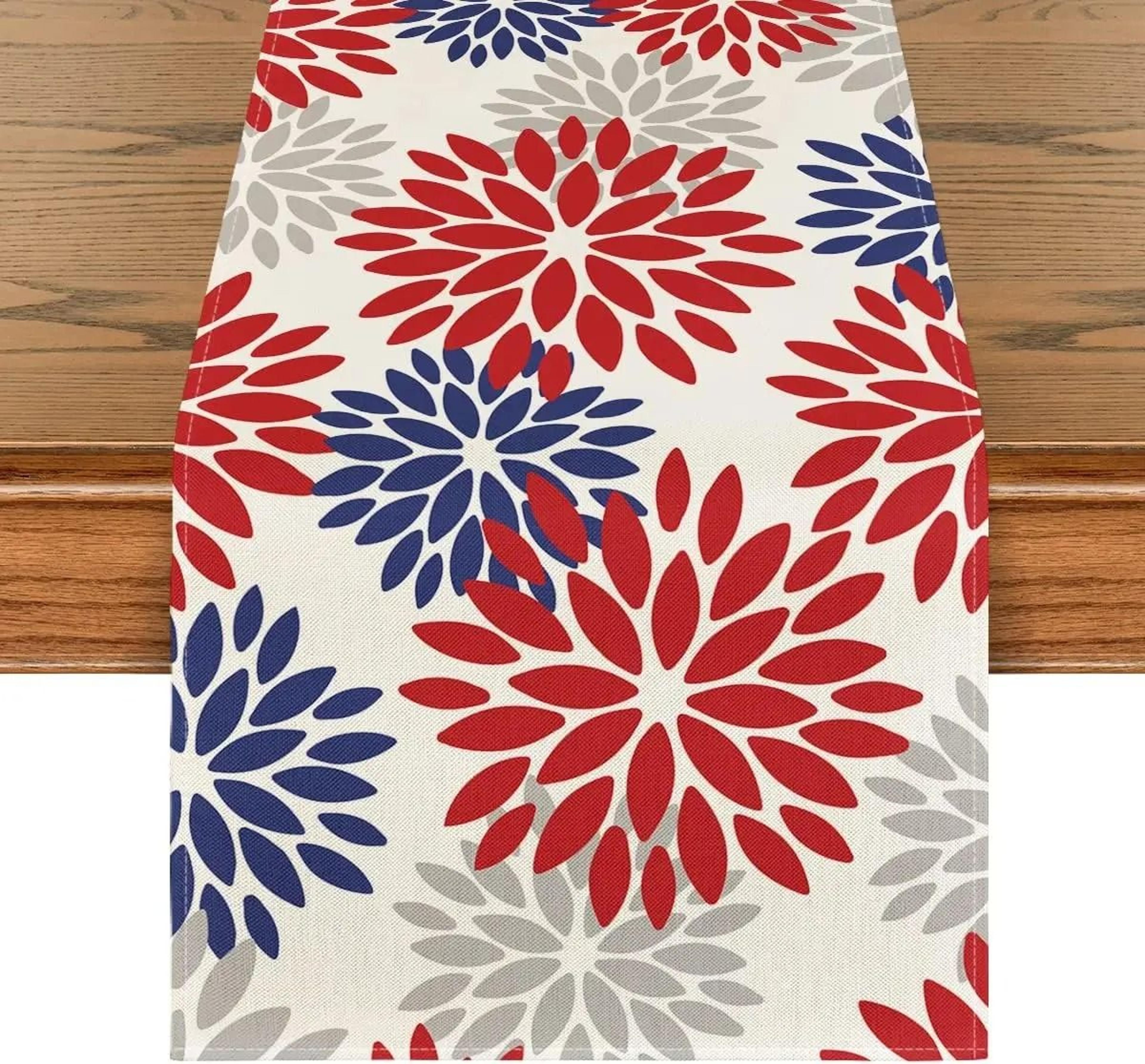 Blue Dahlia Floral Summer Linen Table Runner  Seasonal Spring Dresser Scarf  Wedding Party Dining D 5