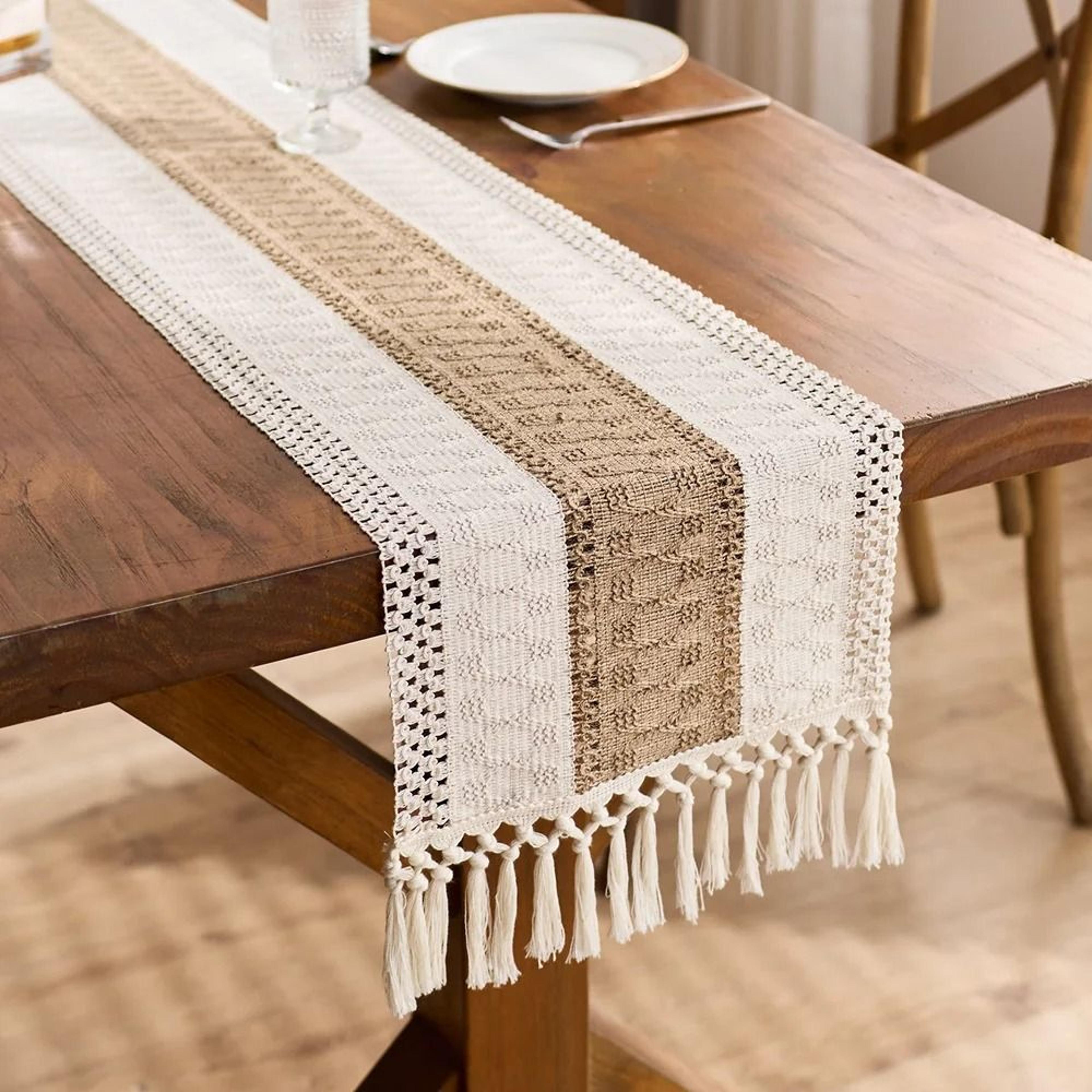 boho macrame table runner – cream & brown farmhouse decor with tassels for bohemian dining & bedroom