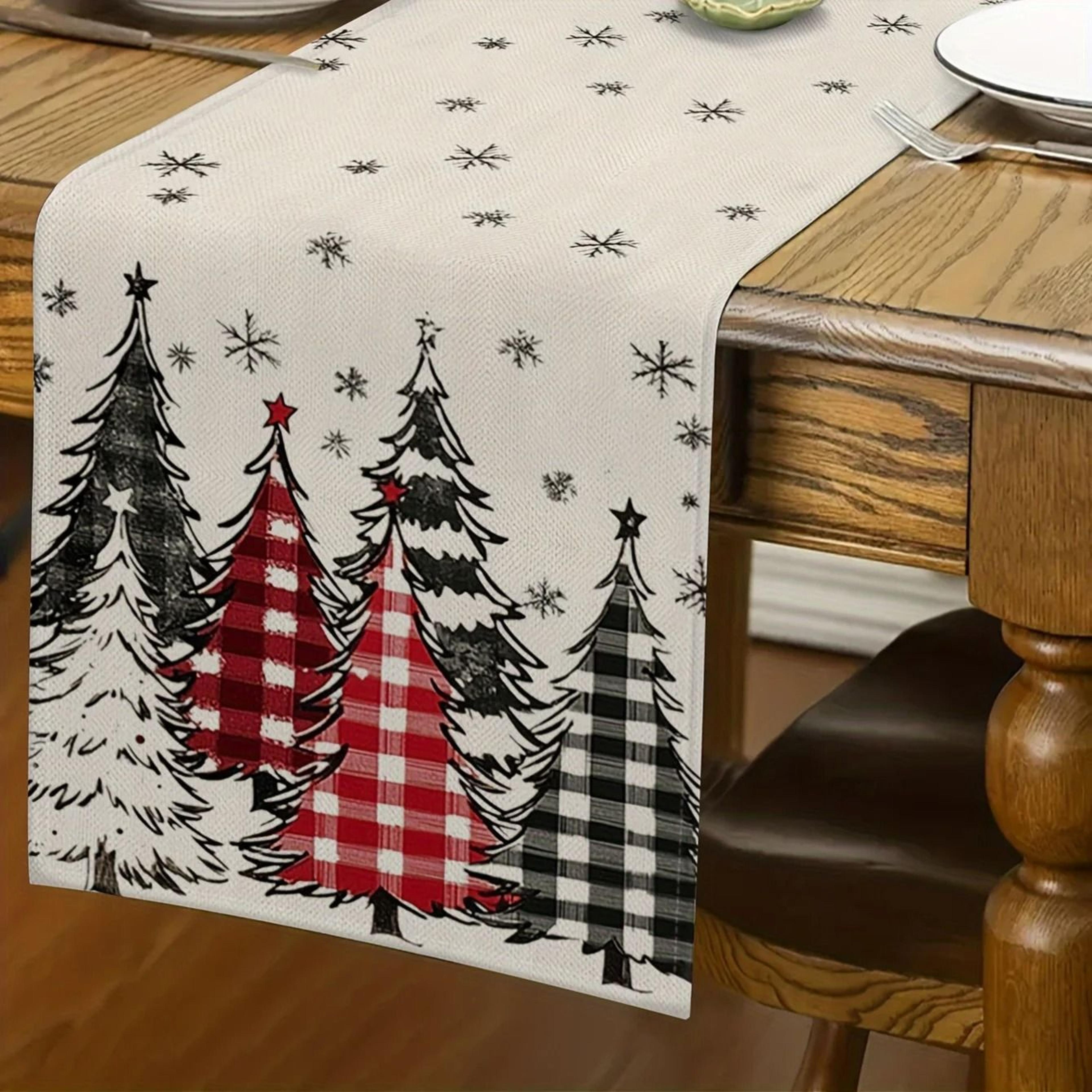Retro Plaid Christmas Tree Table Runner  Polyester Holiday Dining Decor  Wintertime Seasonal Home D 0