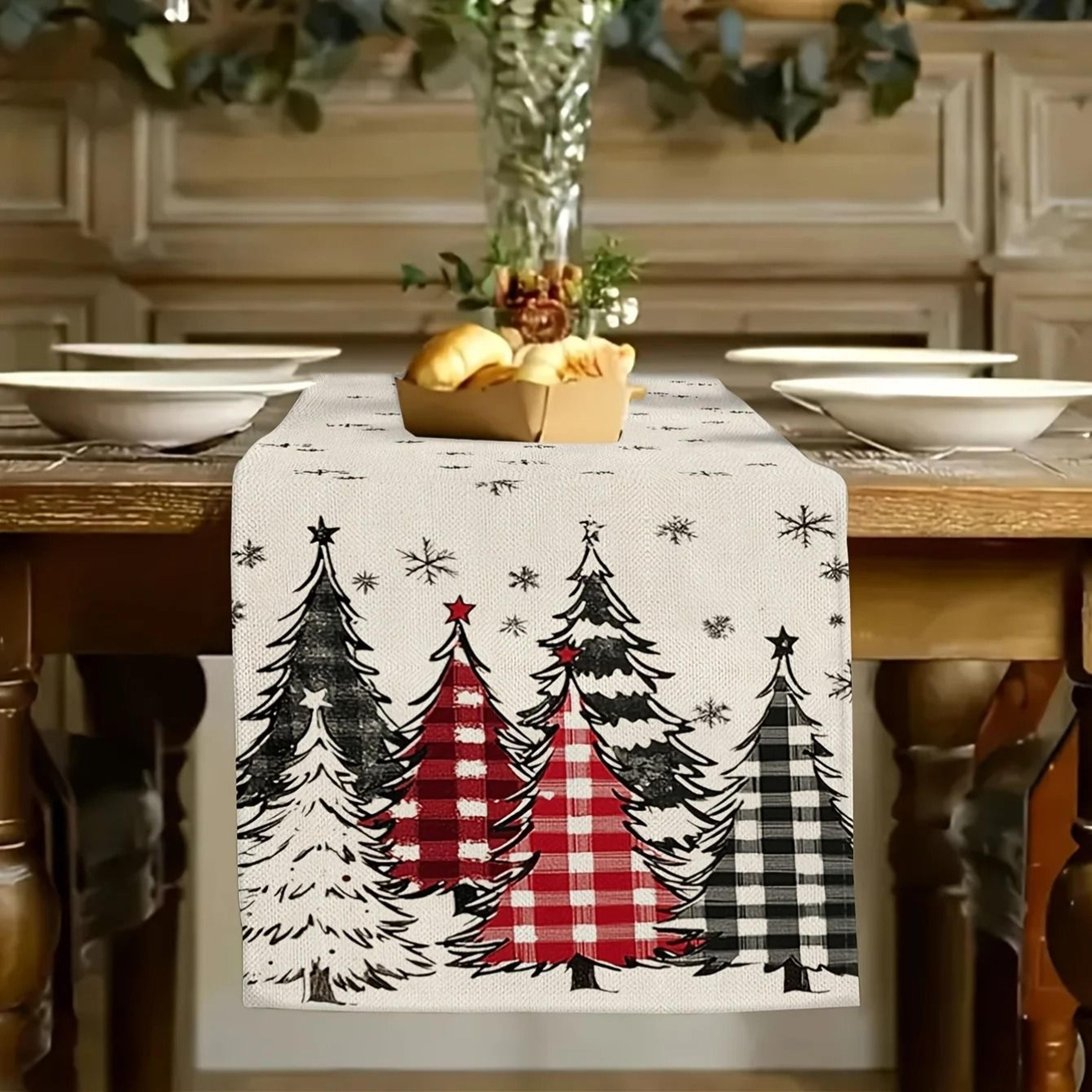 Retro Plaid Christmas Tree Table Runner  Polyester Holiday Dining Decor  Wintertime Seasonal Home D 1