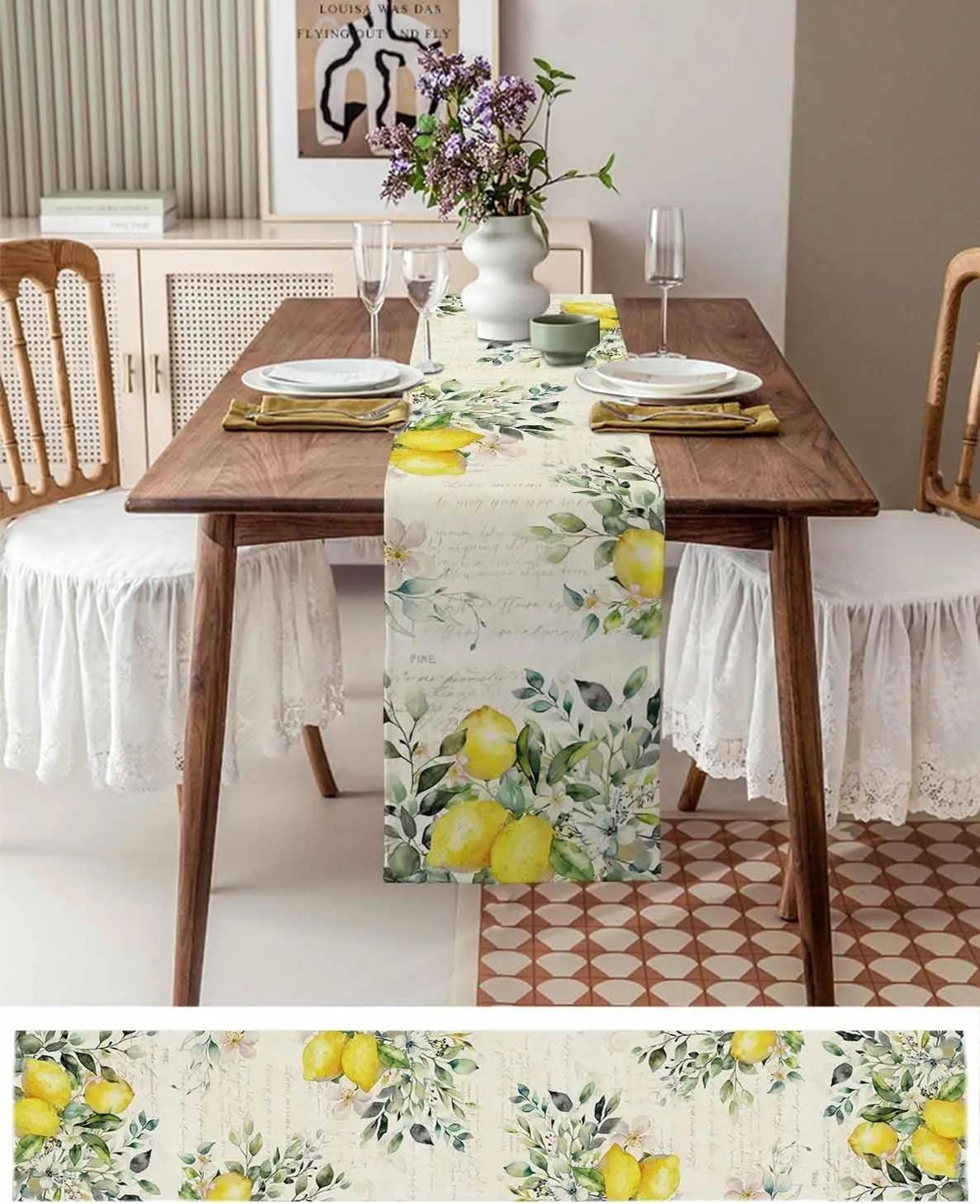 Green Eucalyptus  Yellow Lemon Linen Table Runner  Seasonal Floral Holiday Party Decor  Refreshing  1