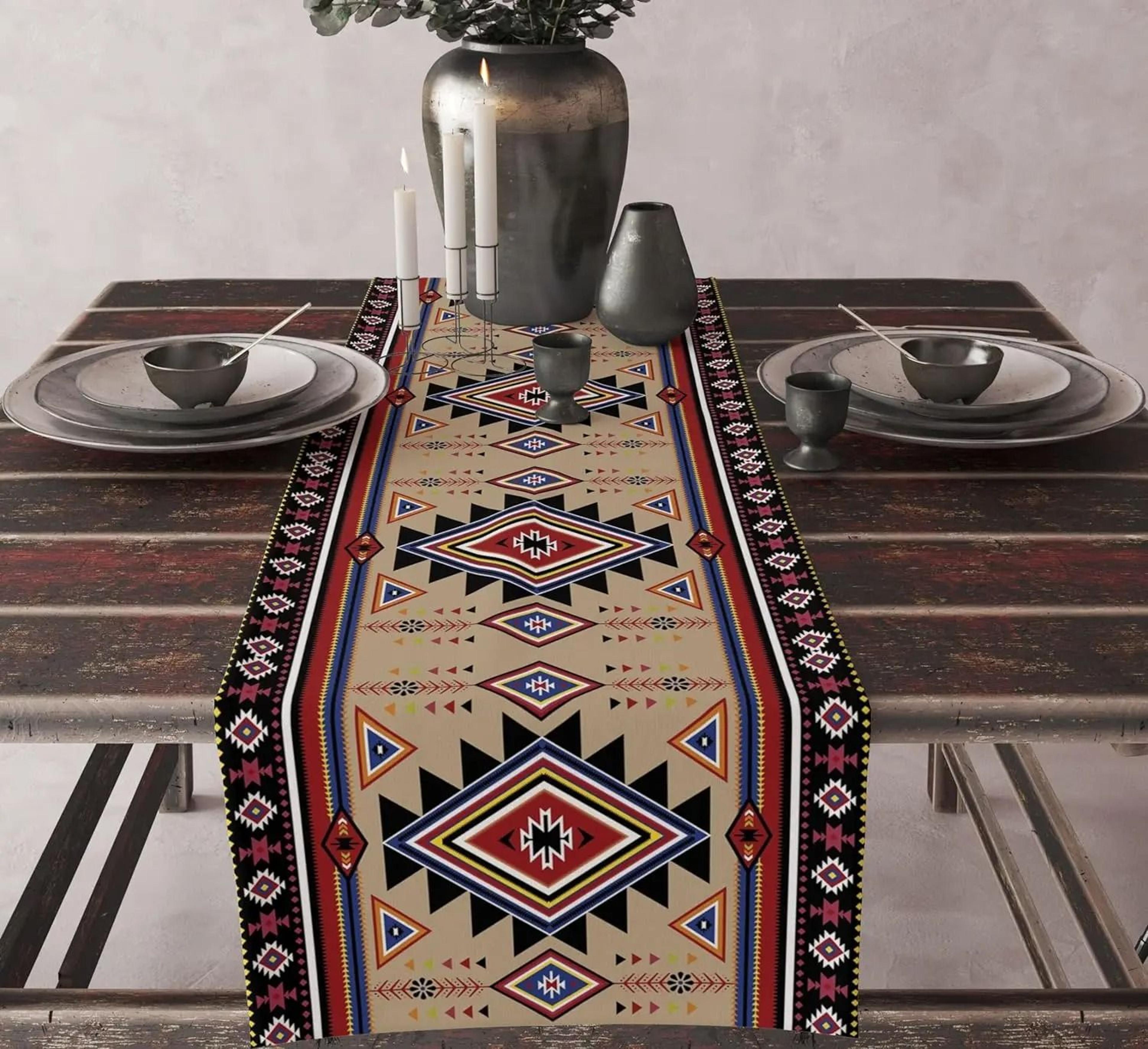 Aztec Ethnic Tribal Style Linen Table Runner  Boho Abstract Geometric Texture For Kitchen Party  Di 9