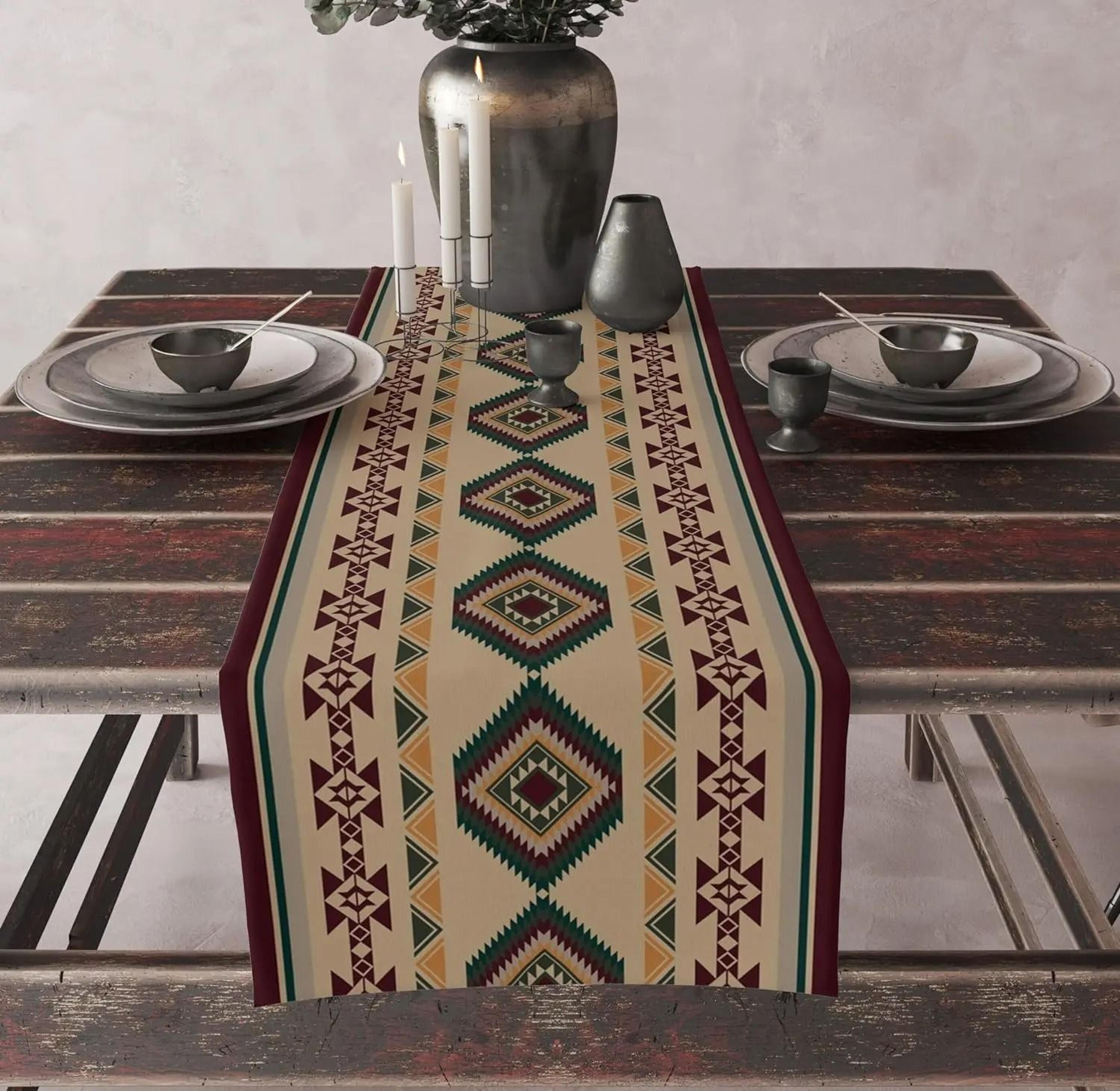 Aztec Ethnic Tribal Style Linen Table Runner  Boho Abstract Geometric Texture For Kitchen Party  Di 10