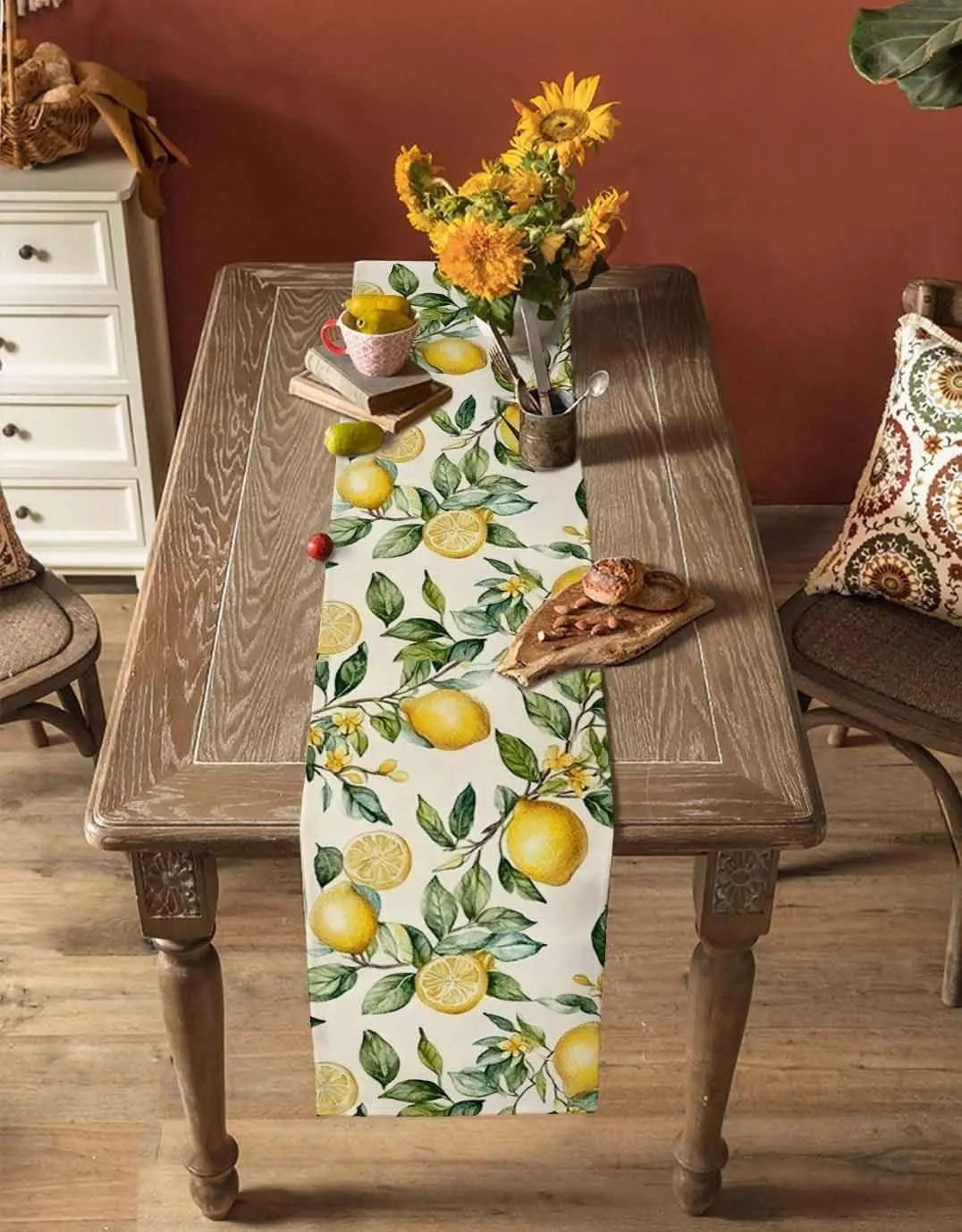 Watercolor Lemon Linen Table Runner  Refreshing Summer Greenery Holiday Party Decor  Farmhouse Dres 1