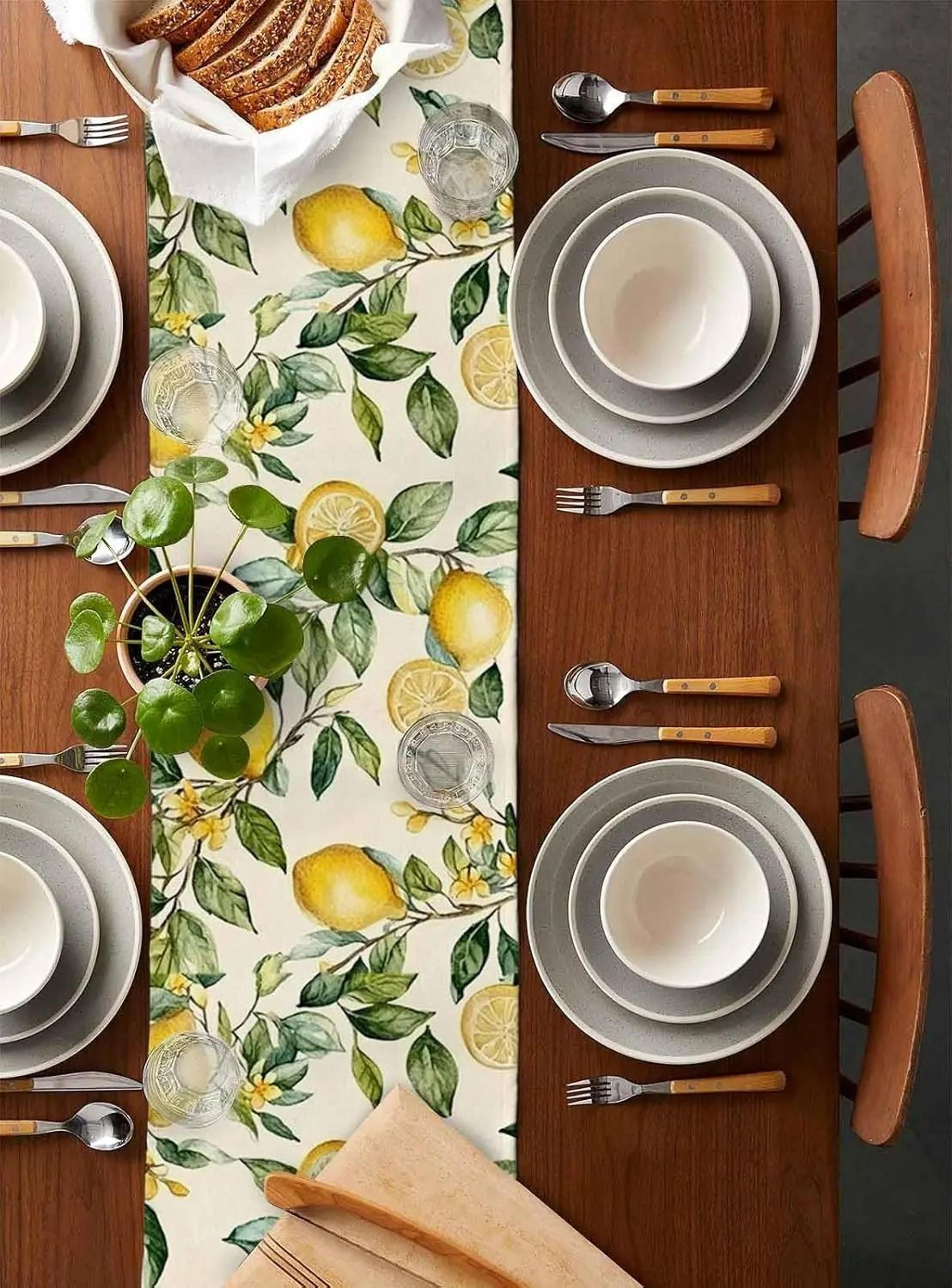 Watercolor Lemon Linen Table Runner  Refreshing Summer Greenery Holiday Party Decor  Farmhouse Dres 2