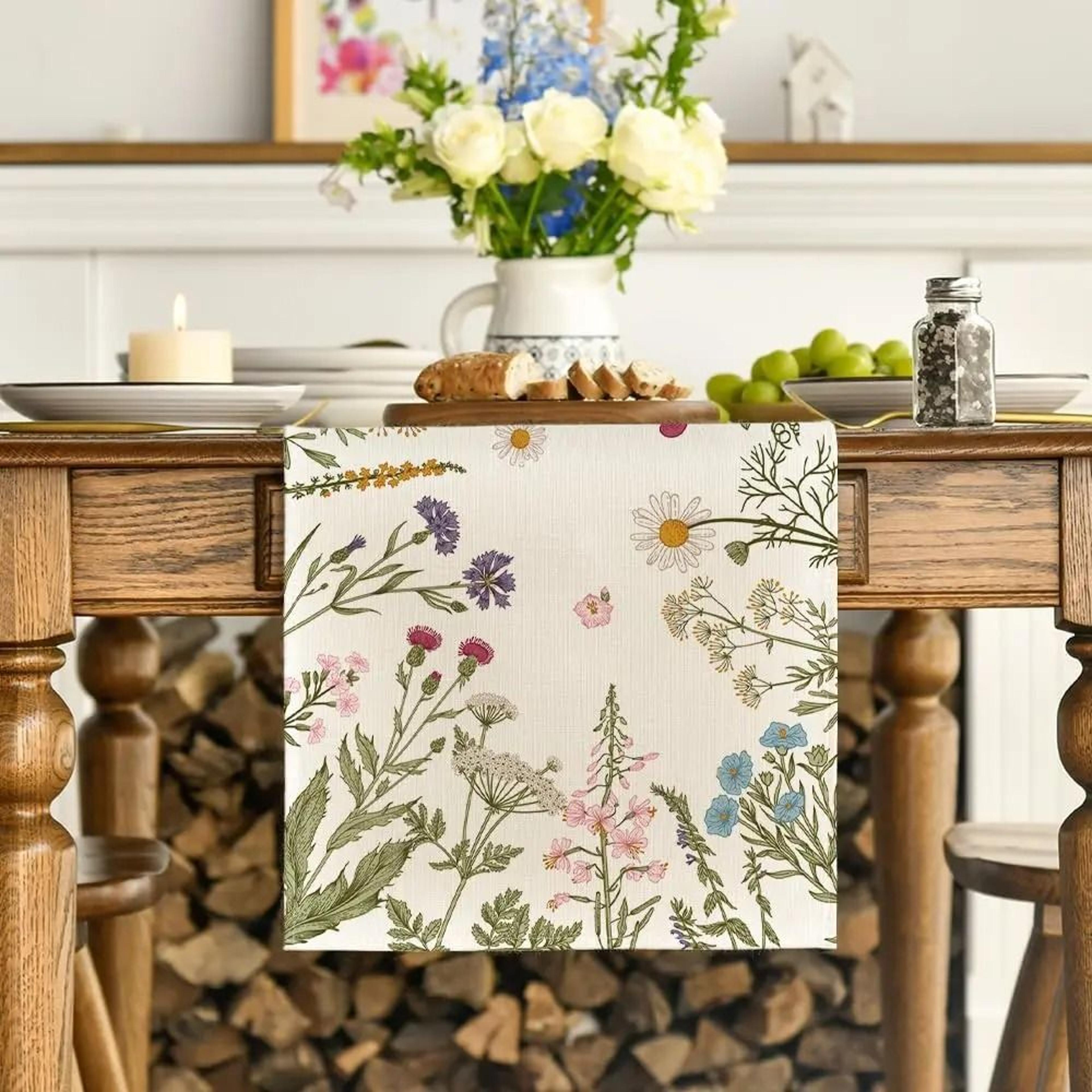 Spring Daisy Flowers Linen Table Runner  Refreshing Farmhouse Kitchen Decor  Floral Dresser Scarf F 1