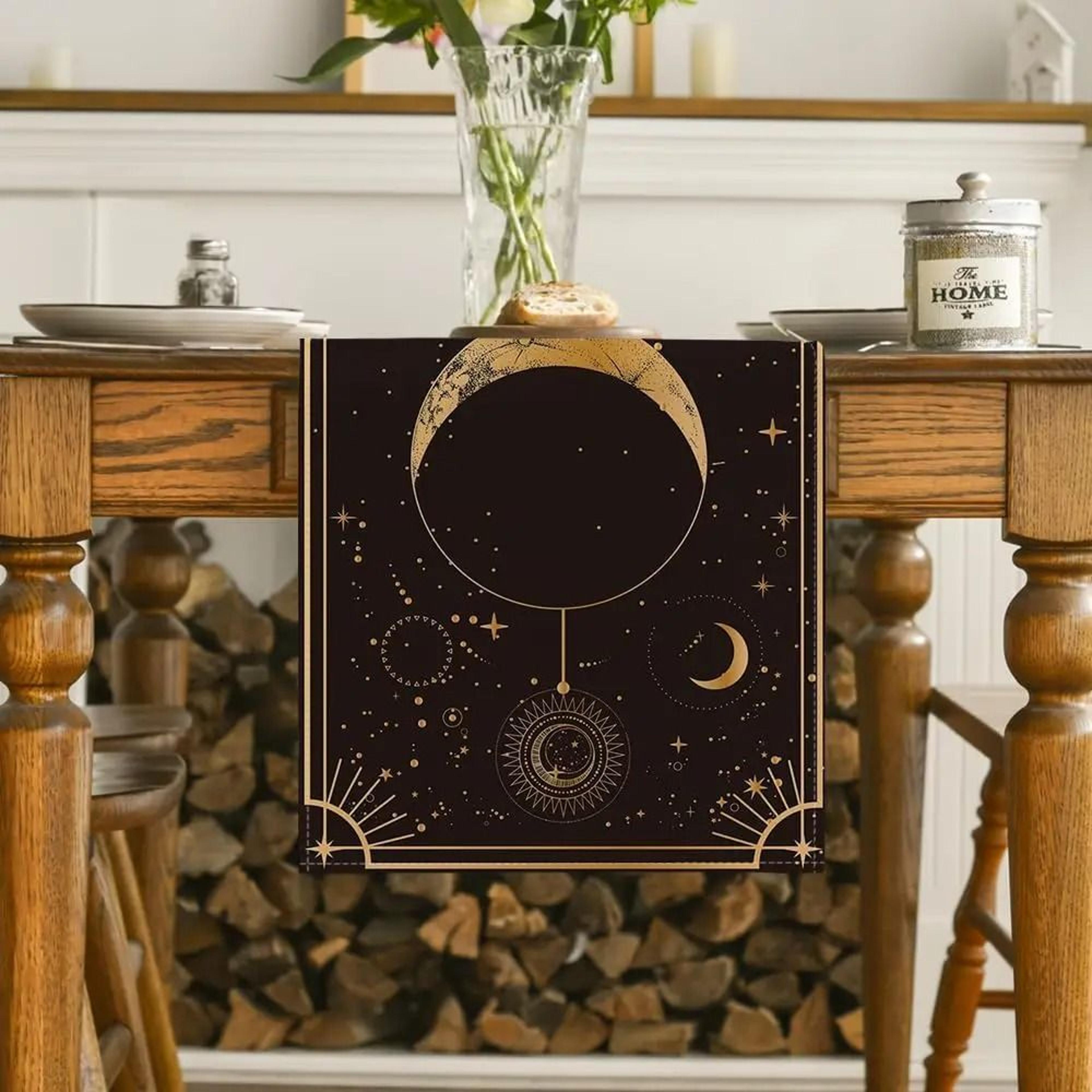 Astrology Moon Magic Linen Table Runner  Mystical Gothic Dresser Scarf  Celestial Holiday Party Dec 1