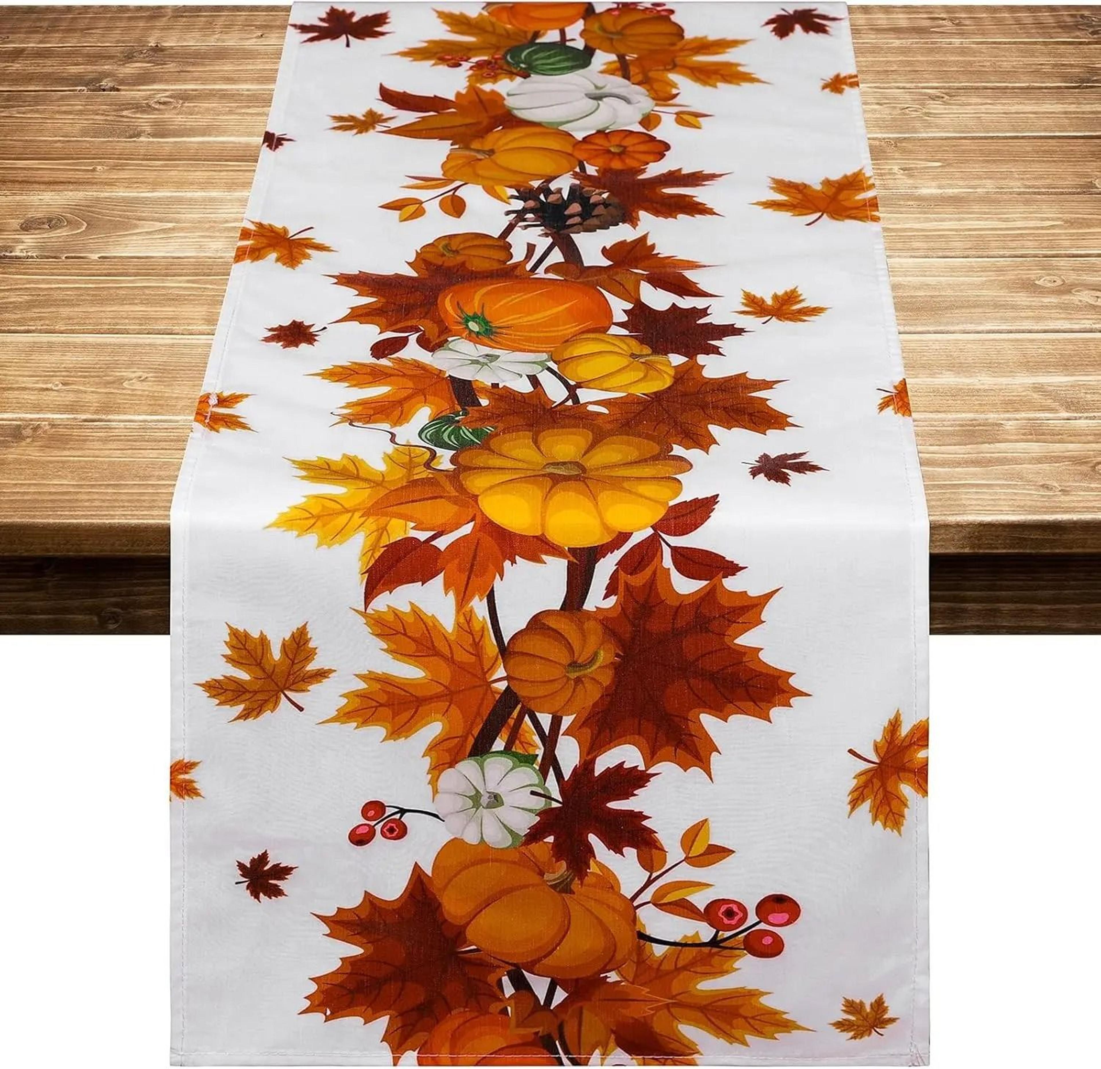 fall thanksgiving pumpkins linen table runner – autumn harvest maple leaves holiday party decor & farmhouse kitchen runn