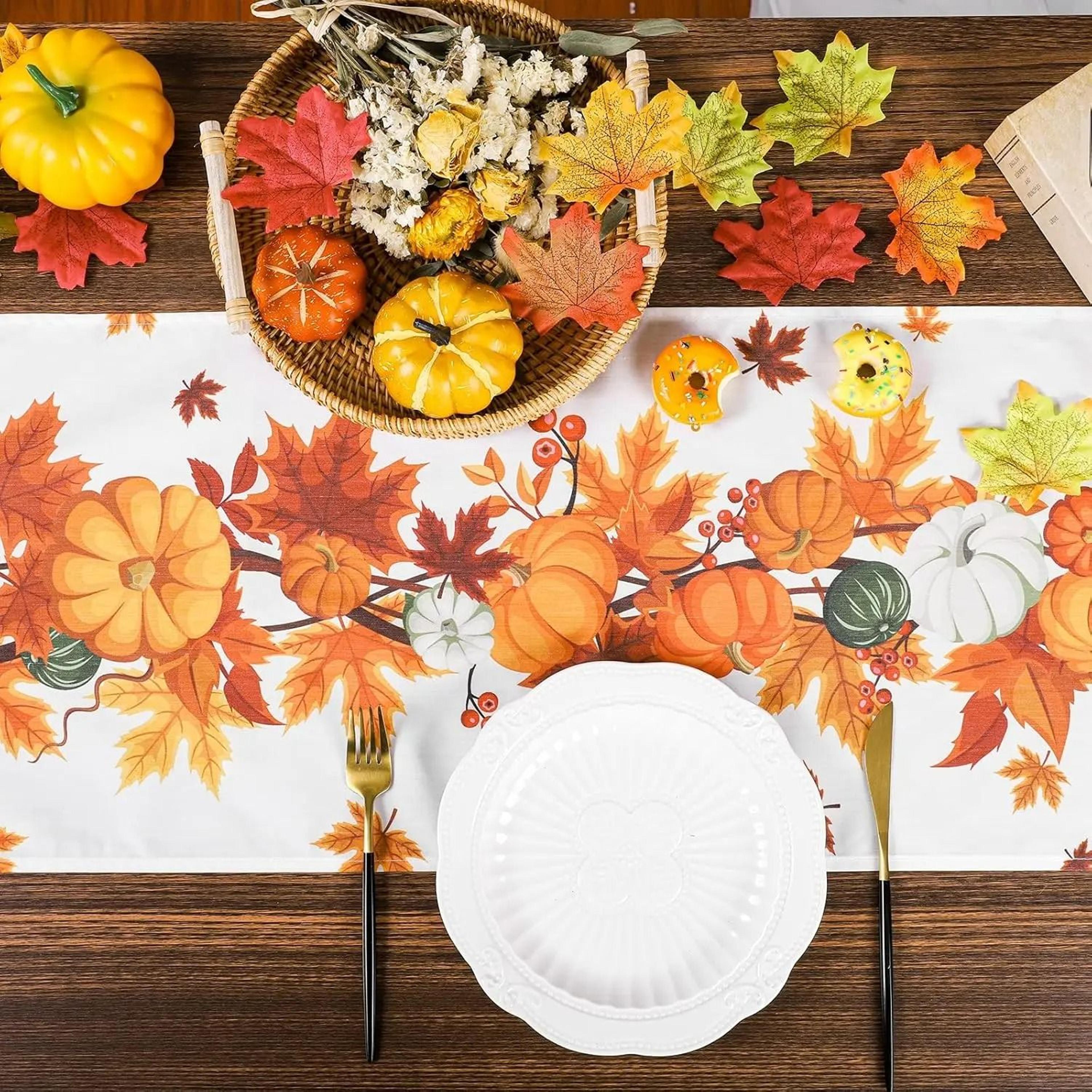 Fall Thanksgiving Pumpkins Linen Table Runner  Autumn Harvest Maple Leaves Holiday Party Decor  Far 1