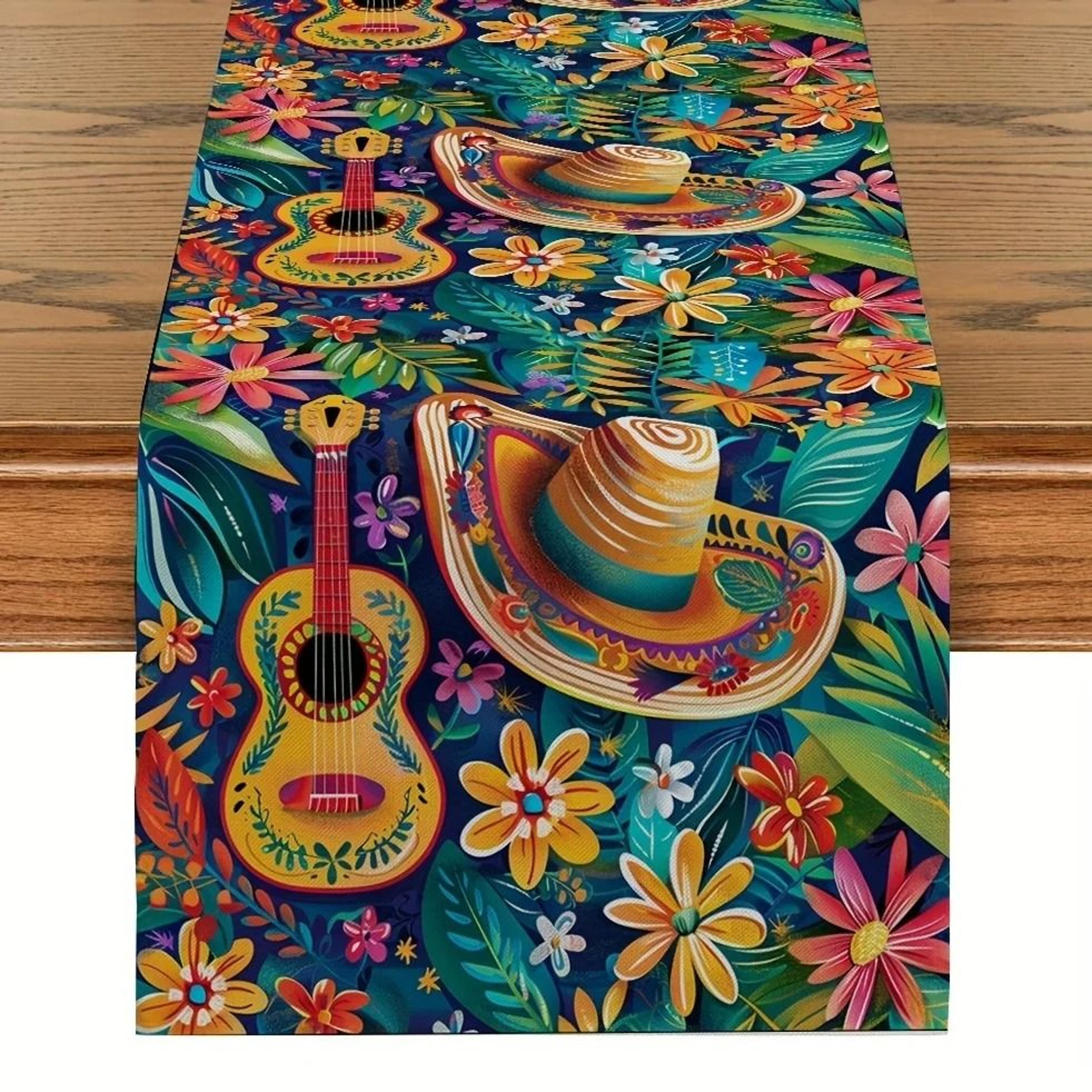 mexican style colorful printed linen table runner – festive cactus & sombrero patterns for day of the dead & southwest h