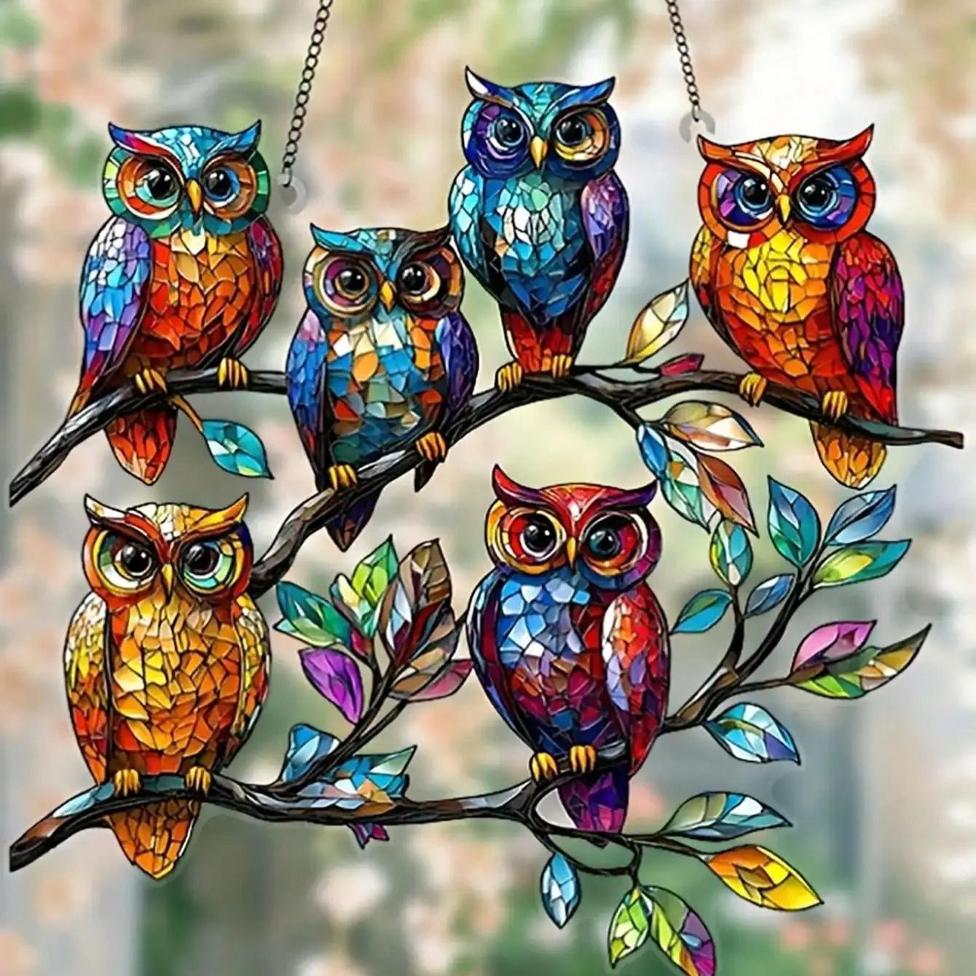 Colorful Owl Celestial Suncatcher  Vibrant Stained Acrylic Window Pendant For Living Rooms Bedrooms 0