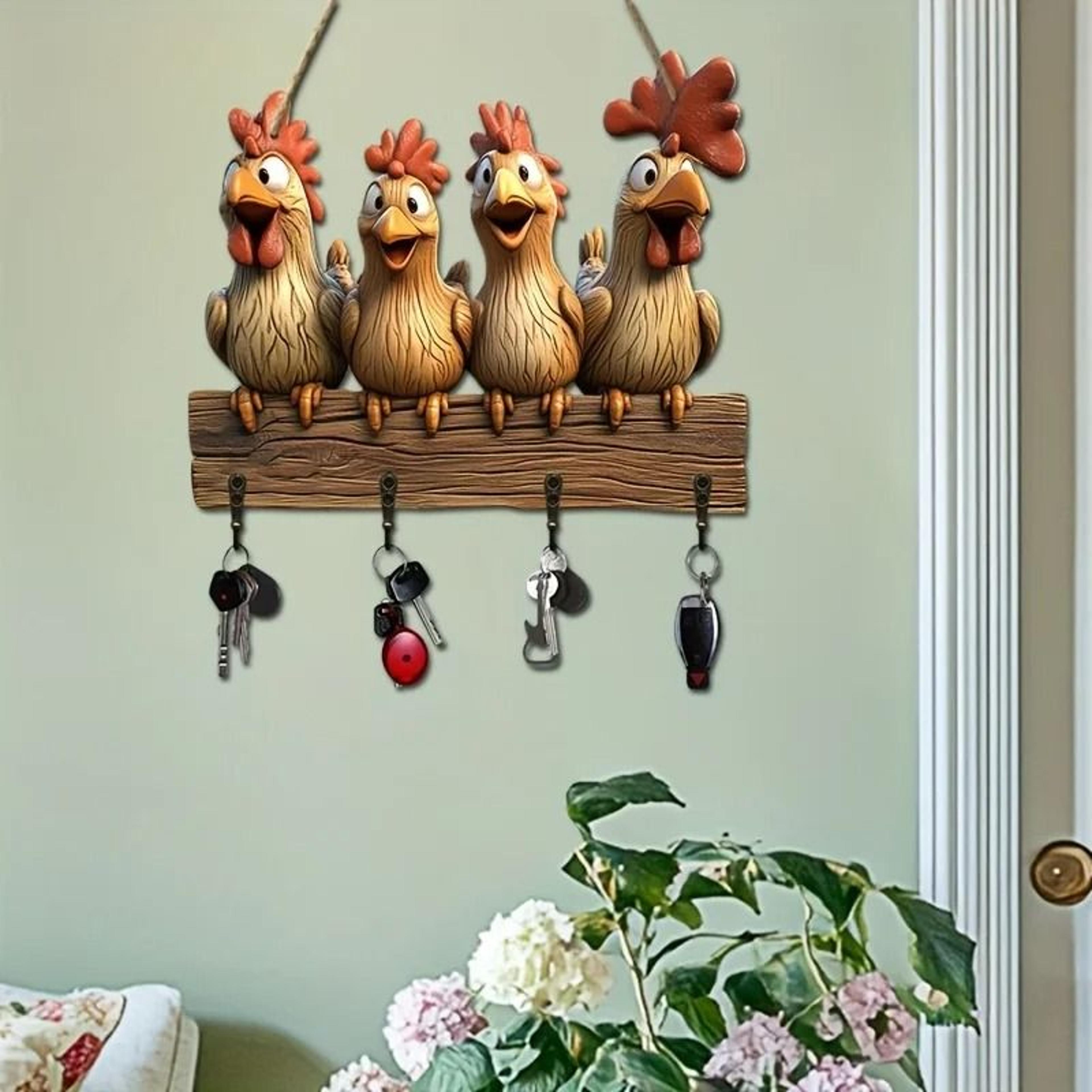 Rustic Hen Wooden Key Hanger  2D Hanging Wall Decoration With Household Integrated Hooks 1