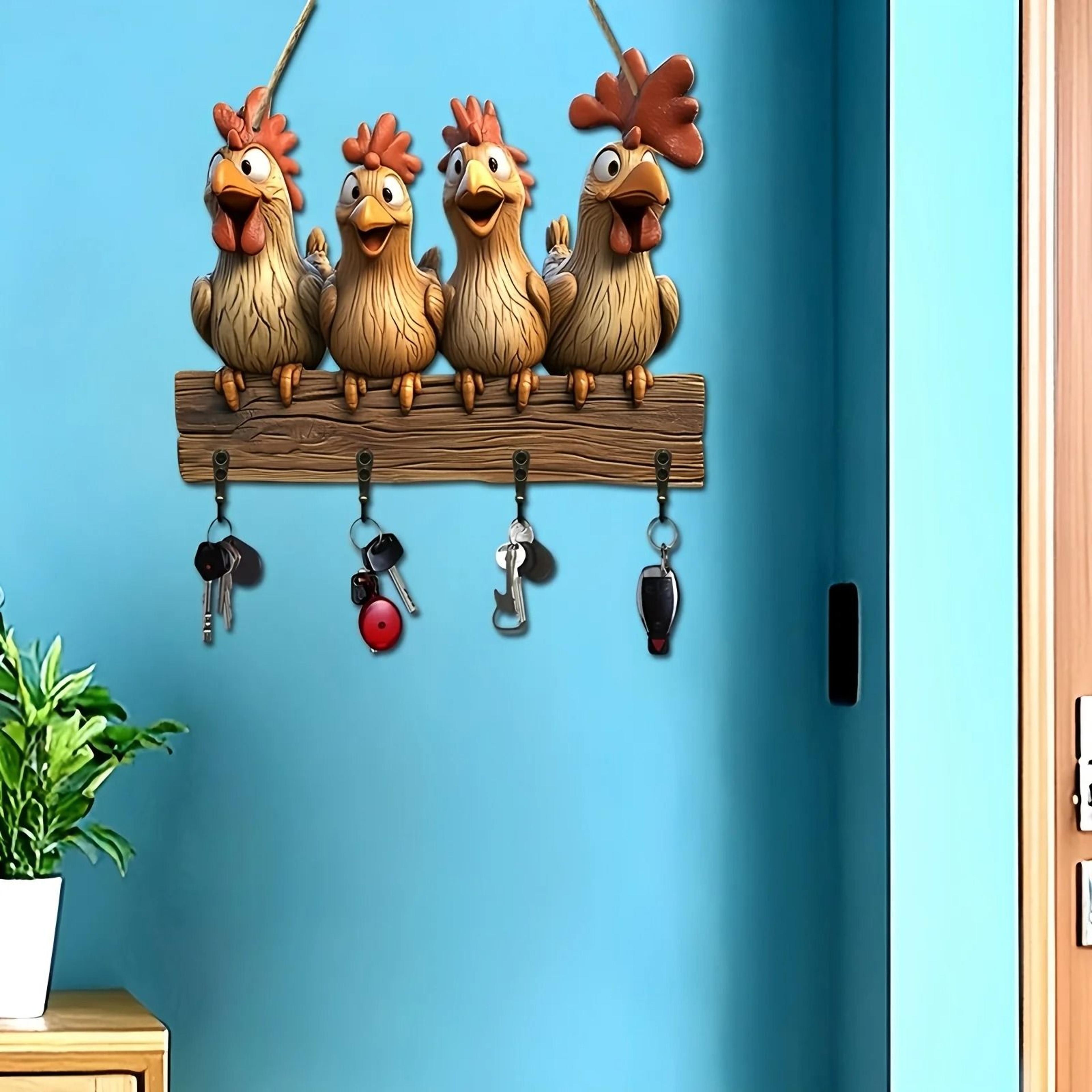 Rustic Hen Wooden Key Hanger  2D Hanging Wall Decoration With Household Integrated Hooks 3