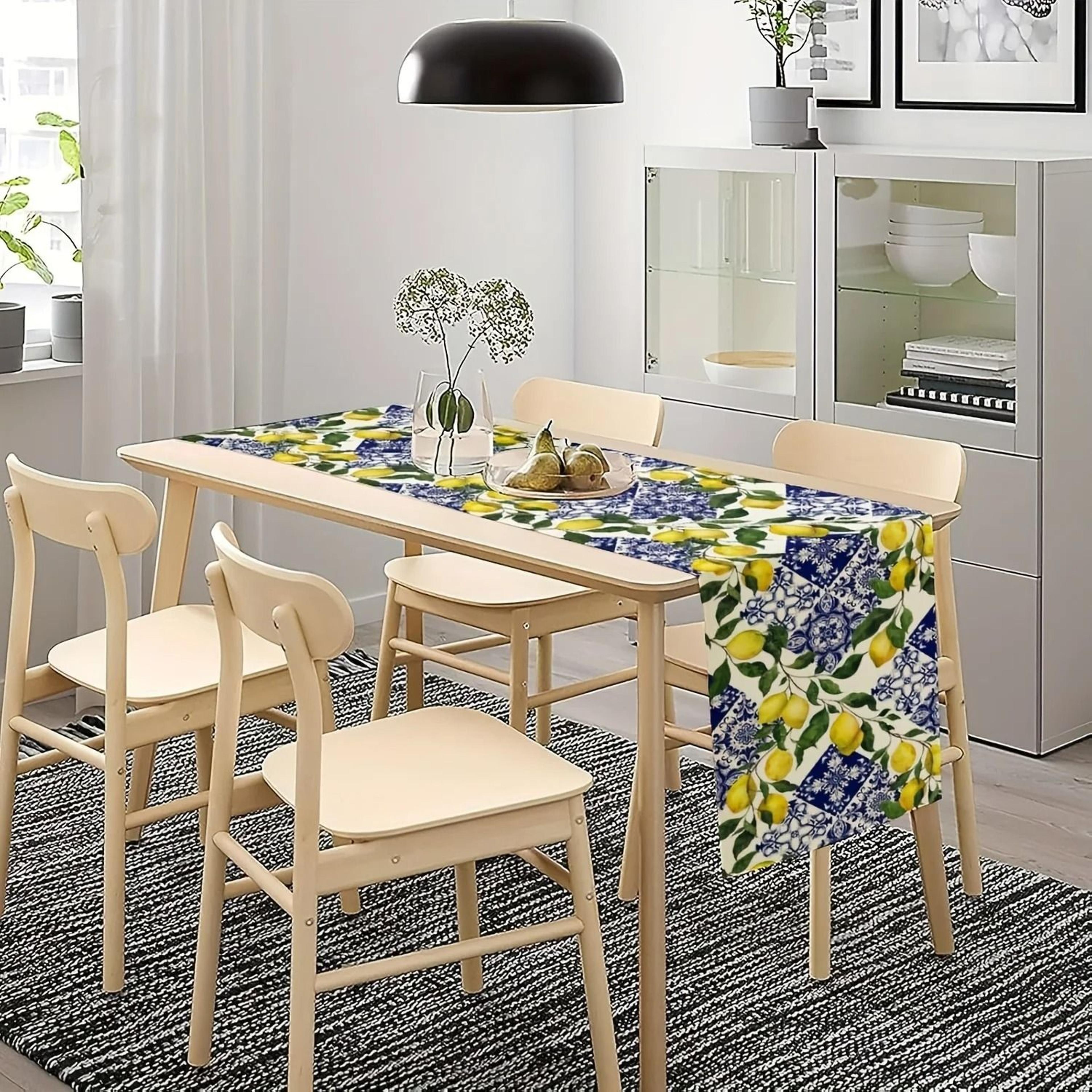Blue Tile  Lemon Linen Table Runner  HighDefinition Summer Mediterranean Decor For Dressers  Dining 1