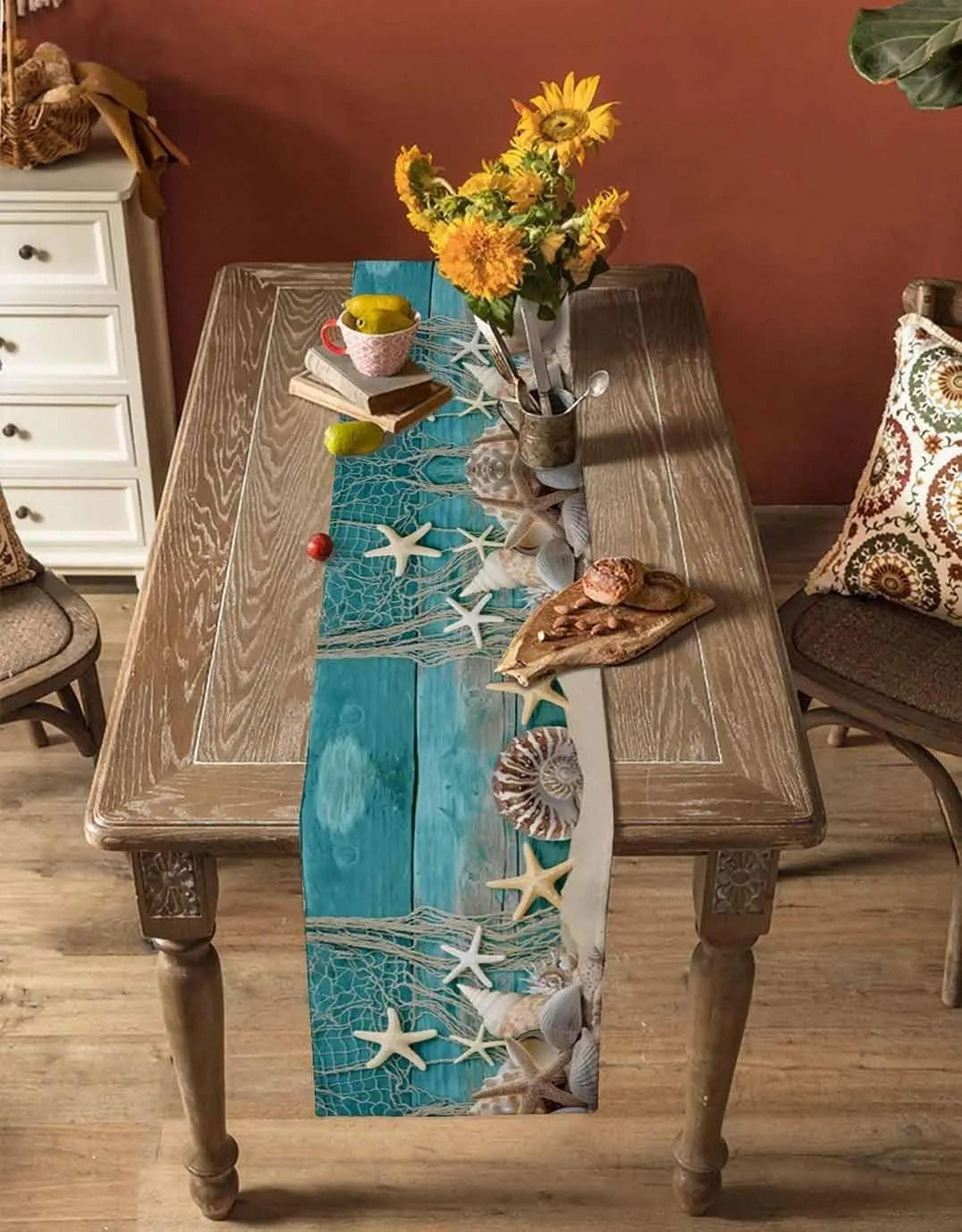 Summer Beach Starfish  Shell Linen Table Runner 3