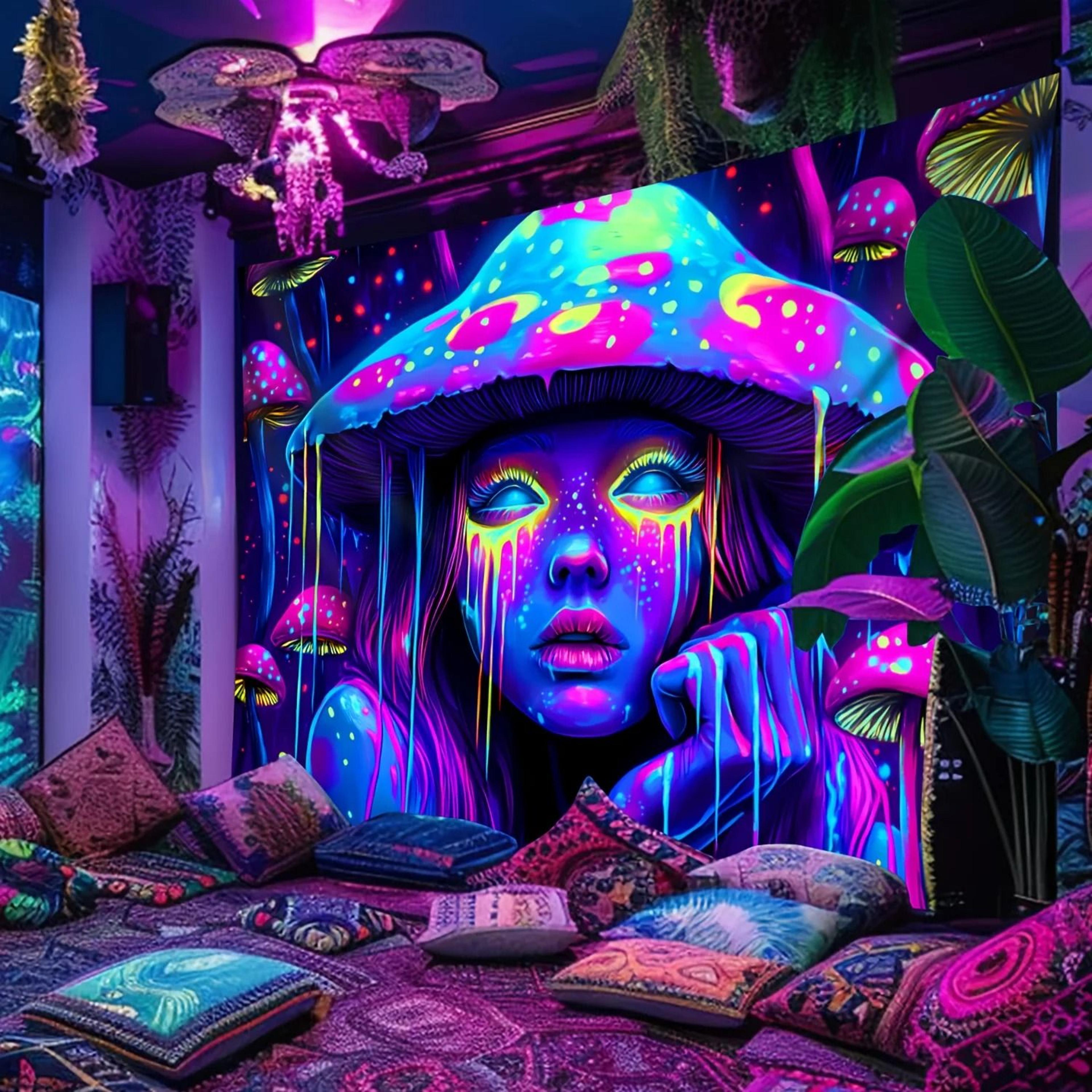 Psychedelic Mushroom Girl Blacklight Reactive Tapestry 0