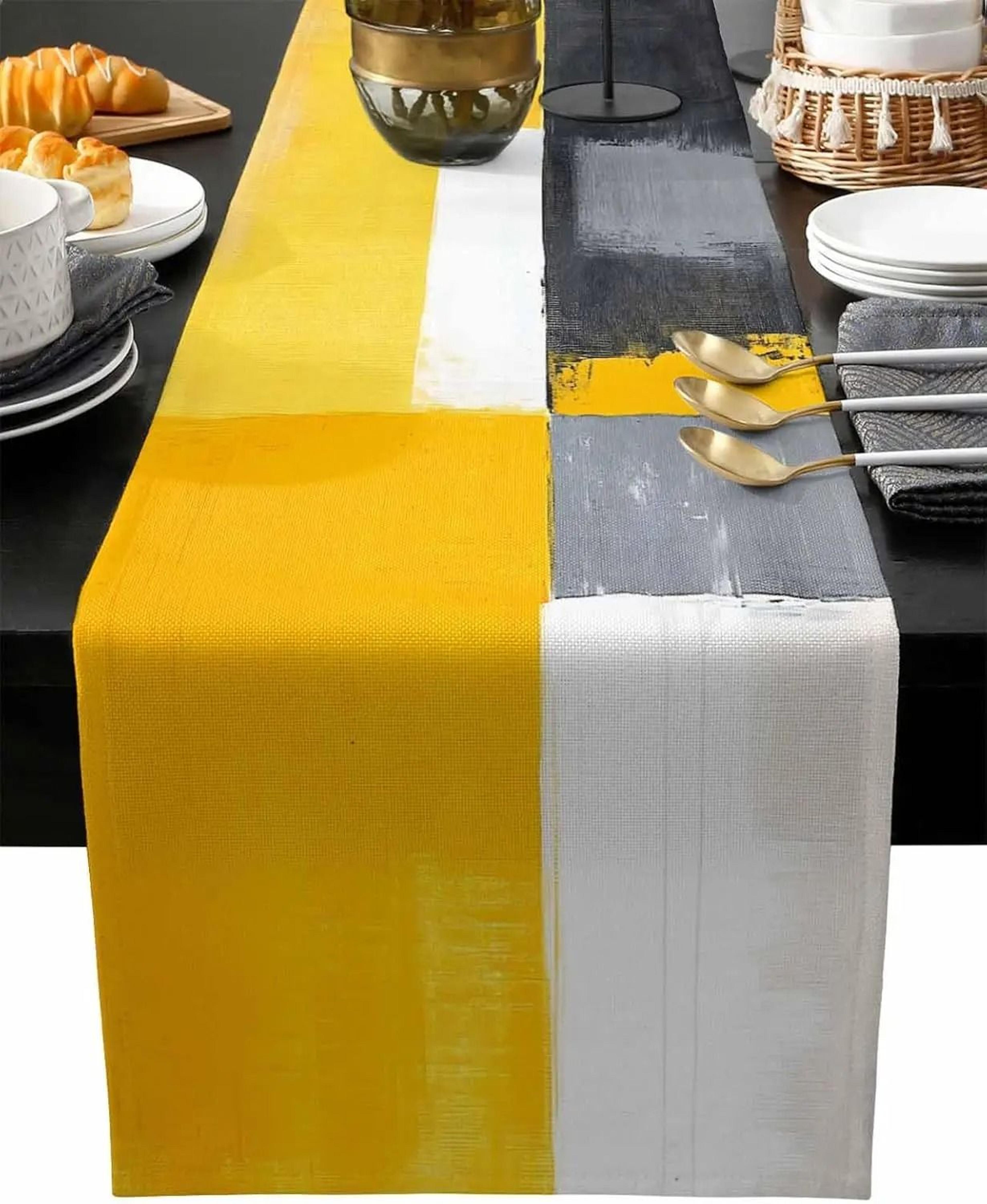 abstract yellow linen table runner – high-definition modern geometric art textile