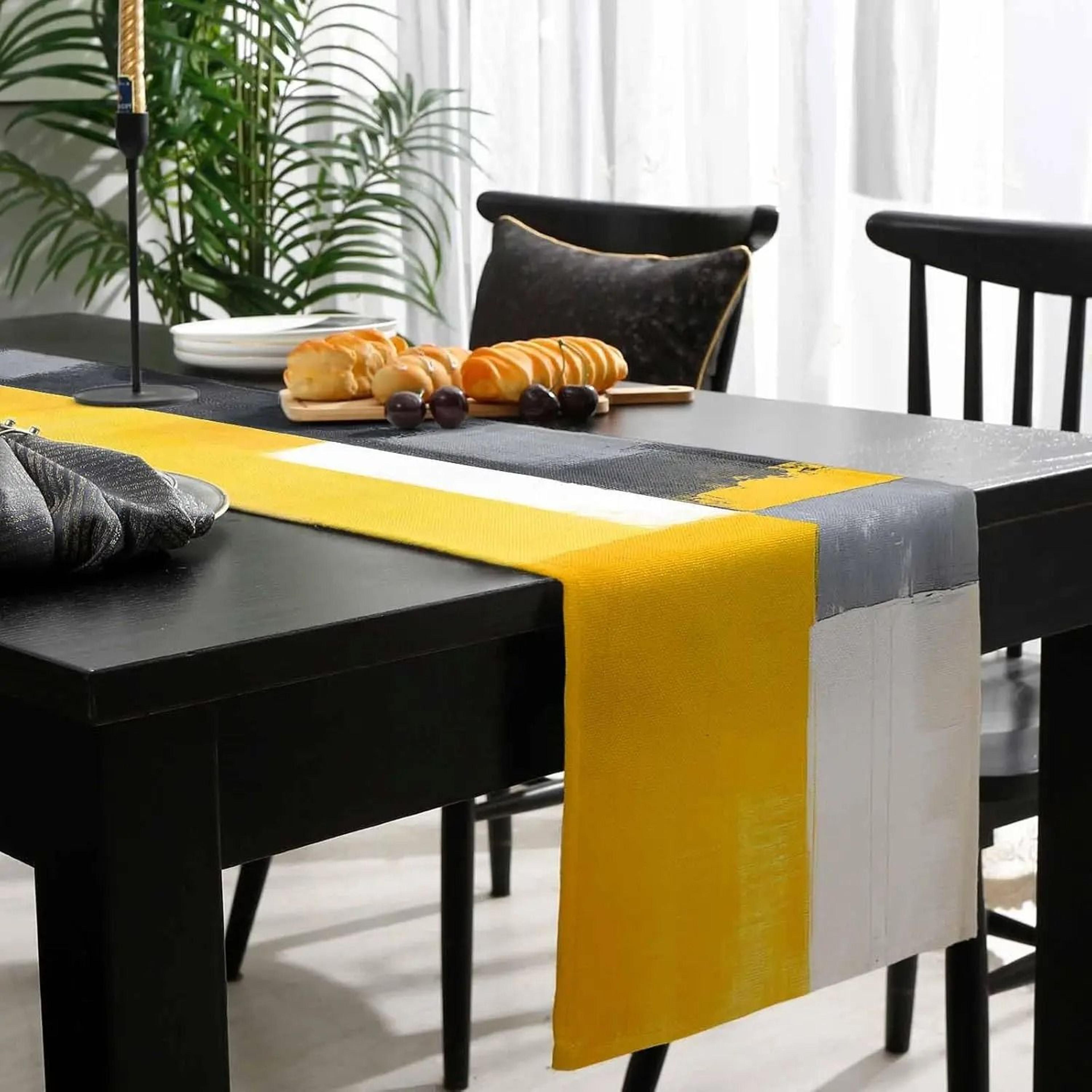 Abstract Yellow Linen Table Runner  HighDefinition Modern Geometric Art Textile 3