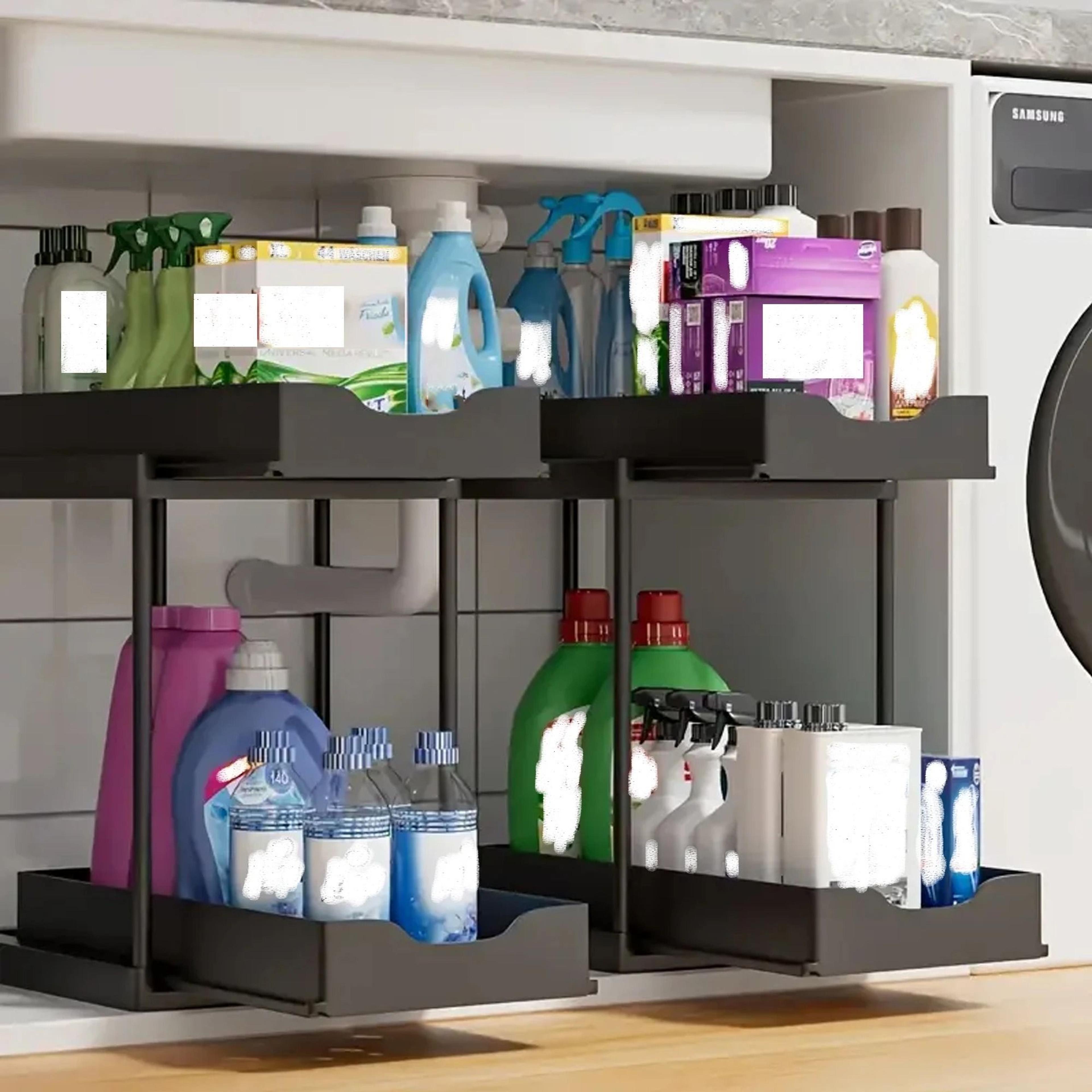 Sliding UnderSink Organizer  DoubleLayer PullOut Storage Rack With 5 Hooks For Kitchen  Bath 4